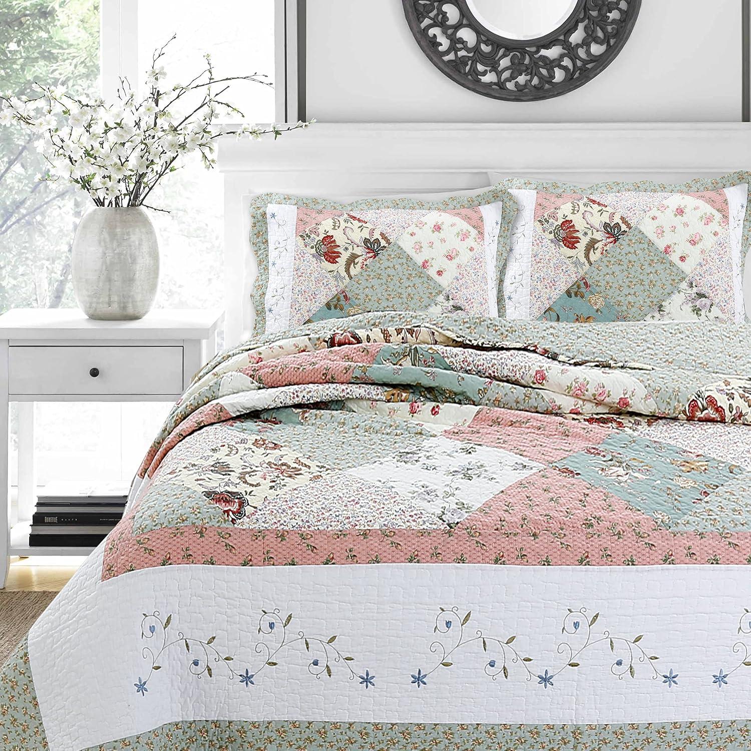 Cozy Line Country Cottage Floral Blue Pink Scalloped Edge Real Patchwork 100% Cotton 3-Piece Reversible Quilt Set, Queen