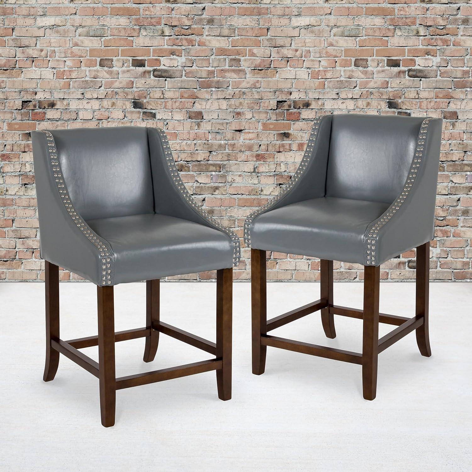 Flash Furniture Carmel Series 24" High Transitional Walnut Counter Height Stool with Nail Trim in Light Gray LeatherSoft, Set of 2