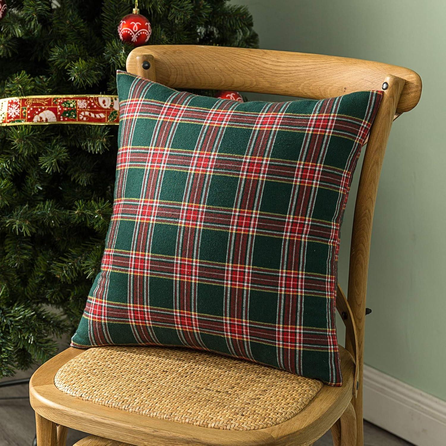 Set of 2 Christmas Scottish Tartan Plaid Throw Pillow Covers Cushion Case for Farmhouse Home Decor, 18 x 18 Inches