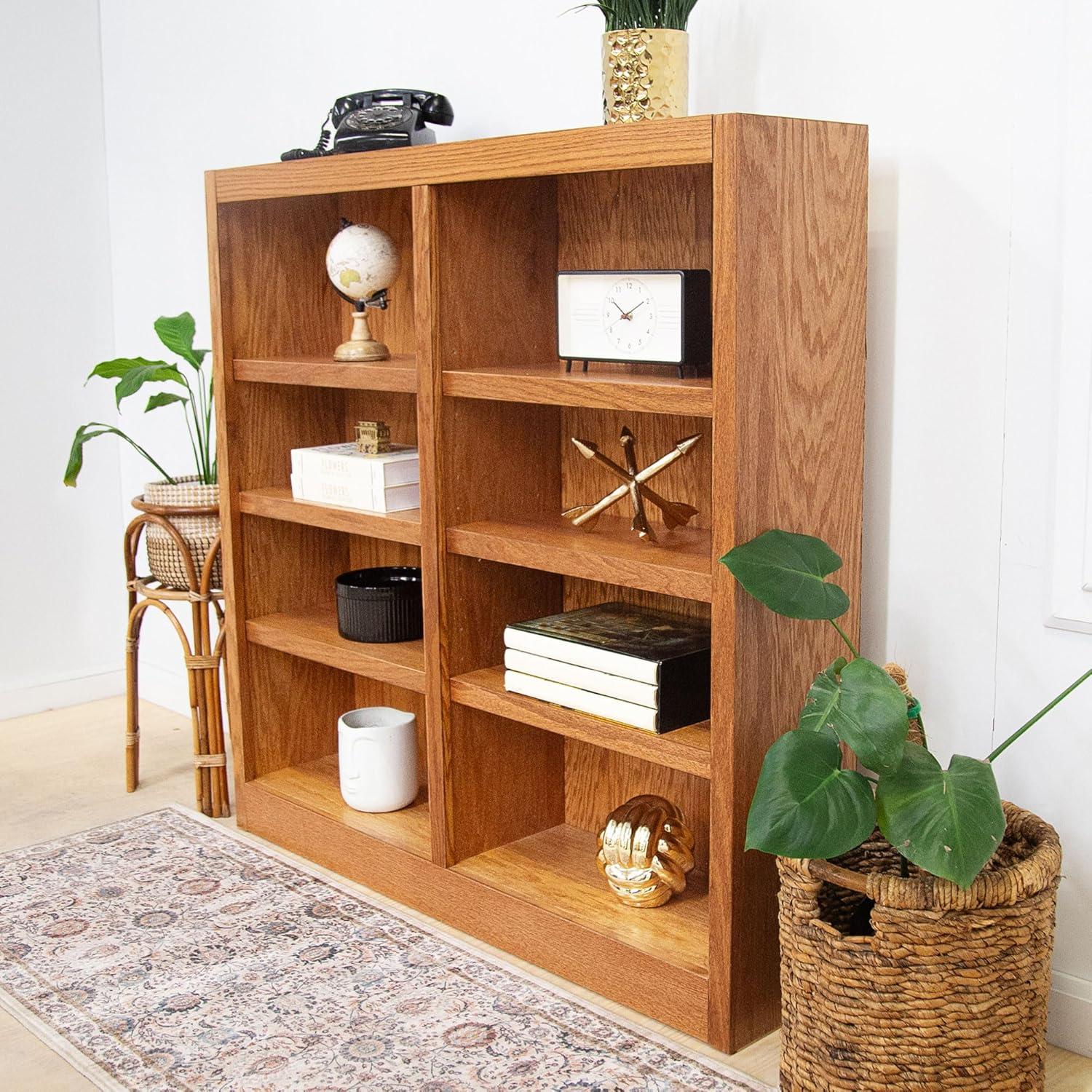 Concepts in Wood 8 Shelf Double Wide Wood Bookcase, 48 inch Tall - Oak Finish