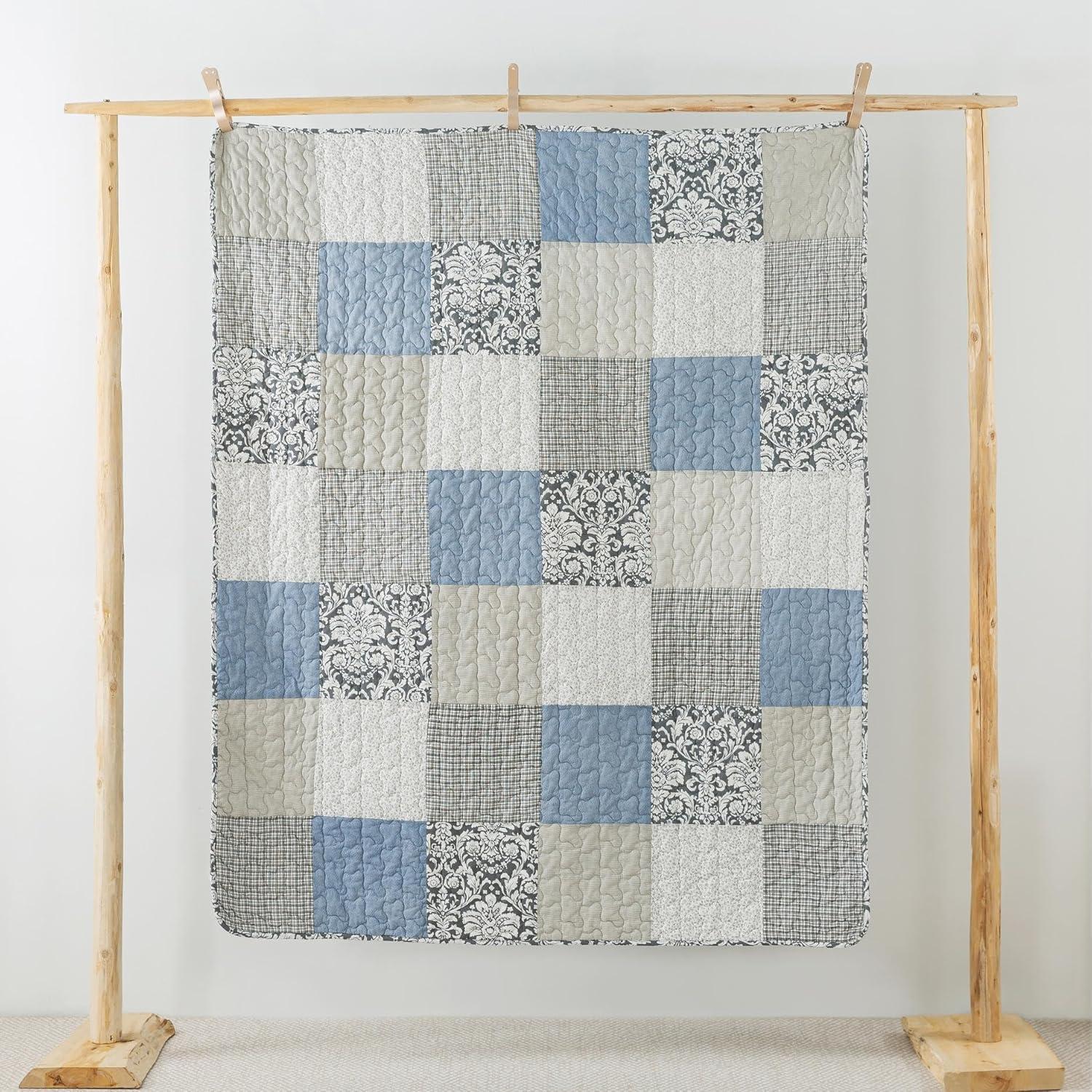 Sweet Dreams 50" x 60" Cotton Quilted Throw Blanket, Blue and Gray Cottage Throw Quilt for Couch, Lightweight Pieced Patchwork Lap Quilt with Country