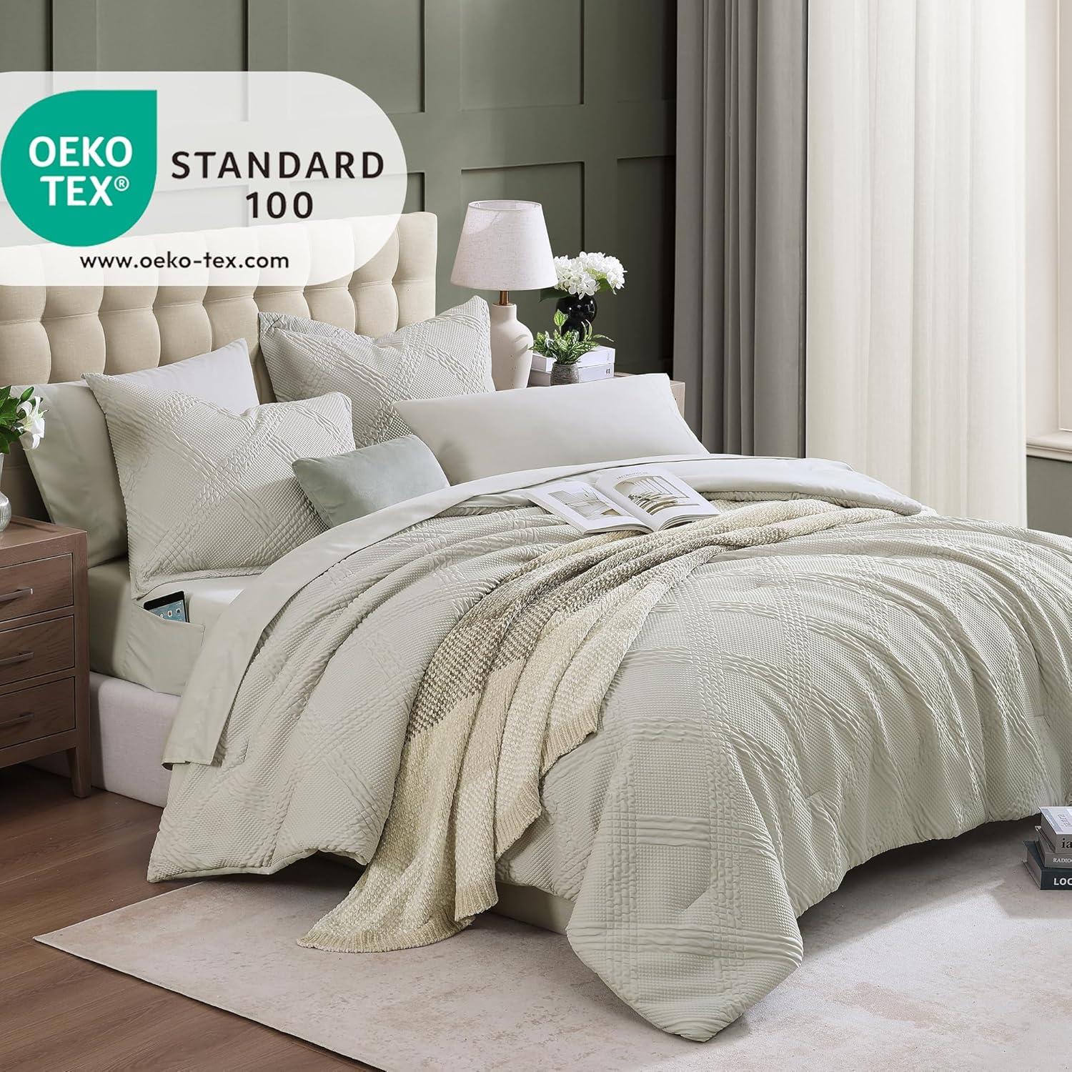 Geniospin Queen Comforter Set, Bed in A Bag 7-Pieces, Light Grey Textured All Season Comfortable Bedding Sets with Comforter, Sheets, Pillowcases & Shams (Light Grey, 90"x90")