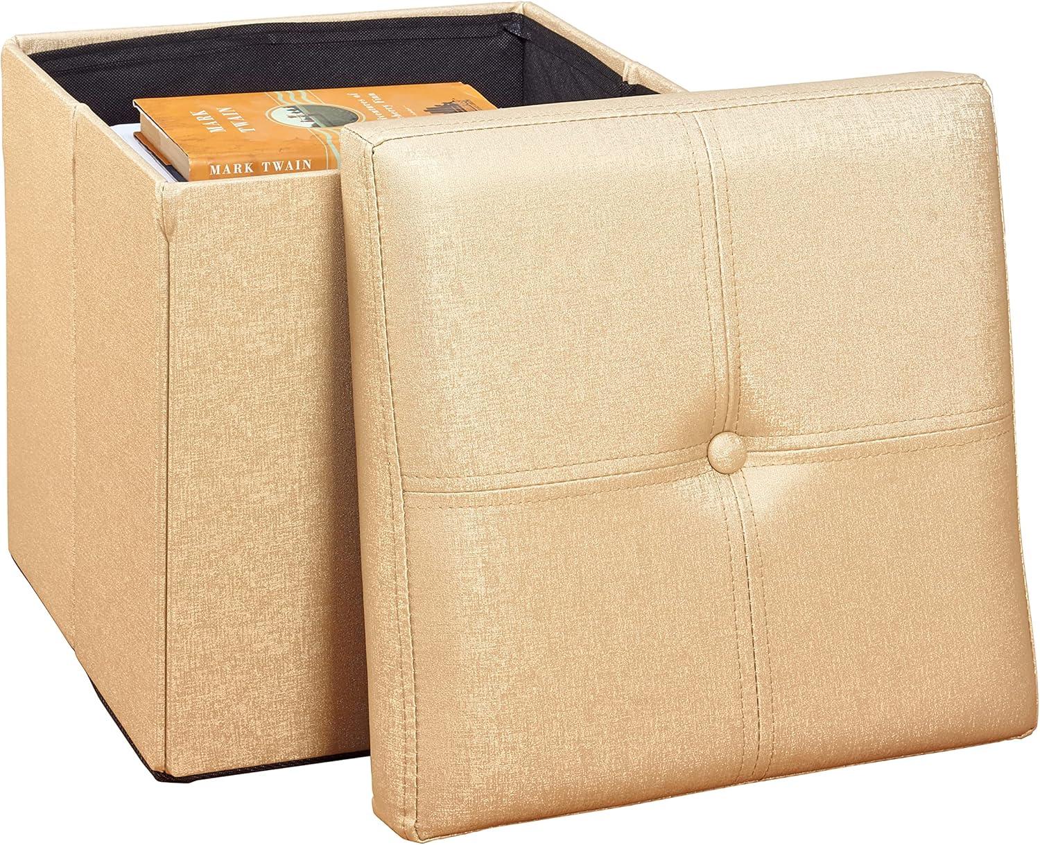 Elegant Gold Faux Leather Folding Storage Ottoman Cube