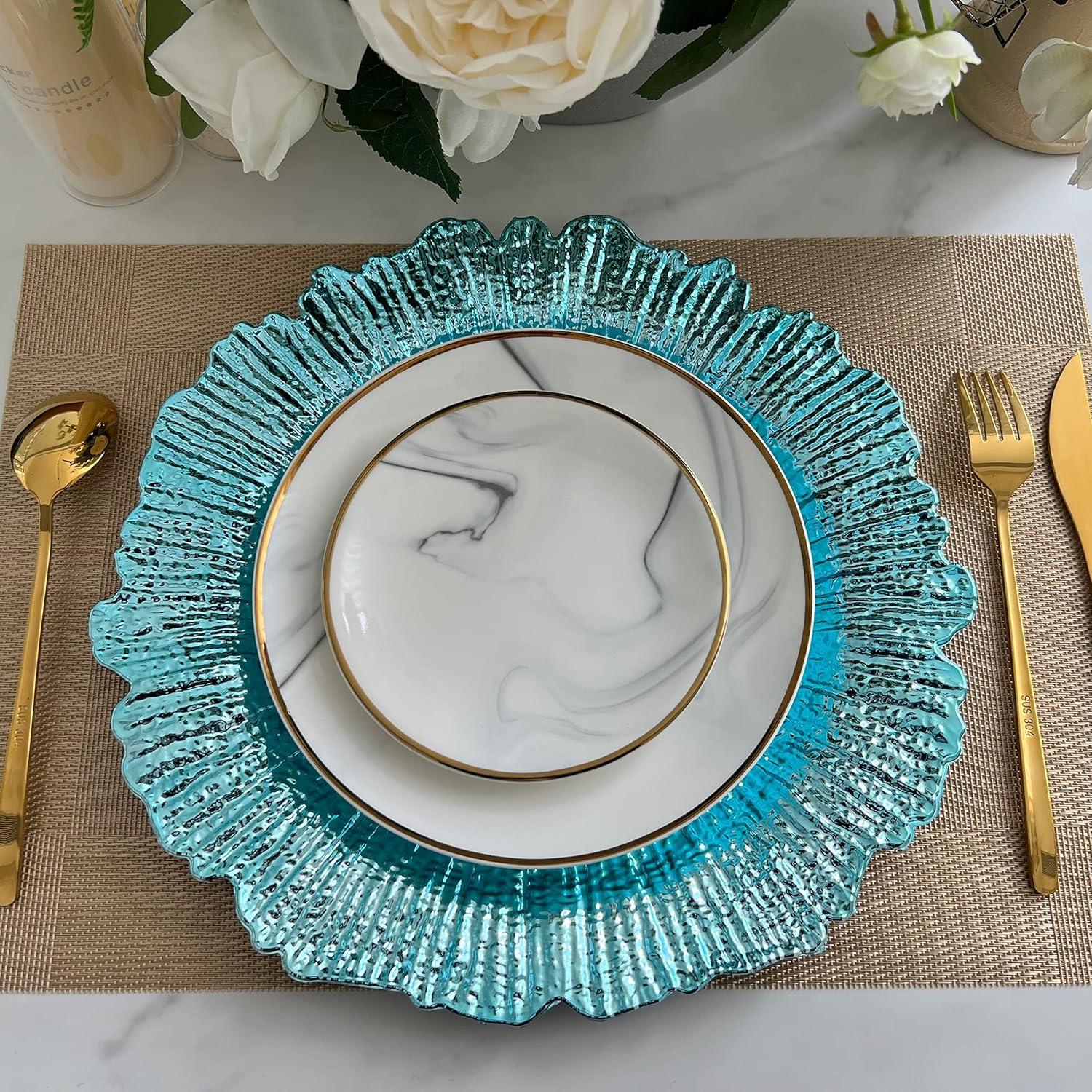 13 Inch Light Blue Charger Plates, Round Plastic Reef Plate Chargers for Dinner Plates, Wedding, Party Elegant Decoration Place Mats (24, Light Blue)