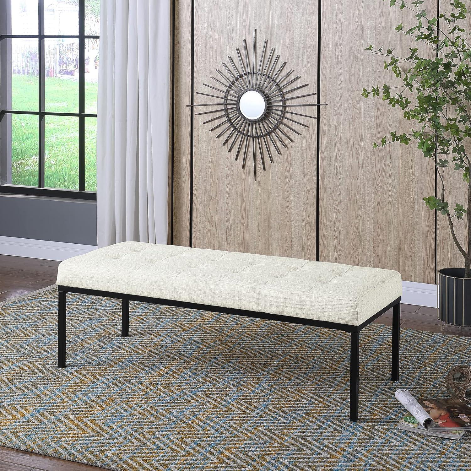 Modern Industrial Cream Woven Tufted Metal Bench