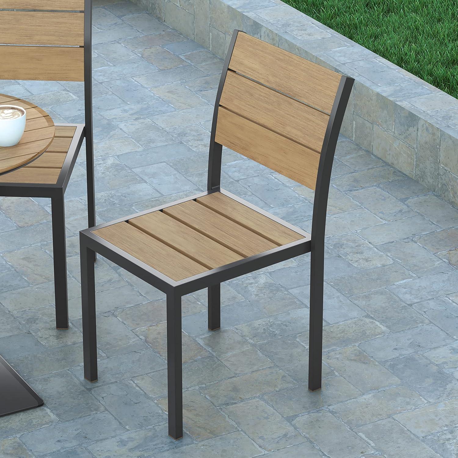 Emma and Oliver Outdoor Stacking Side Chair with Faux Teak Poly Slat Seat, Back and Arms and Metal Frame