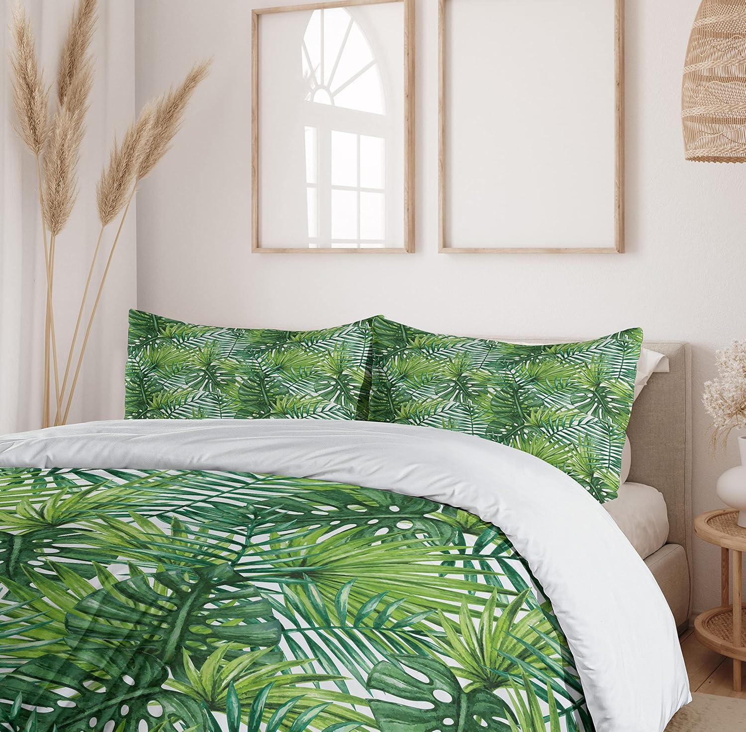 Twin Green Tropical Palm Leaf Microfiber Duvet Cover Set