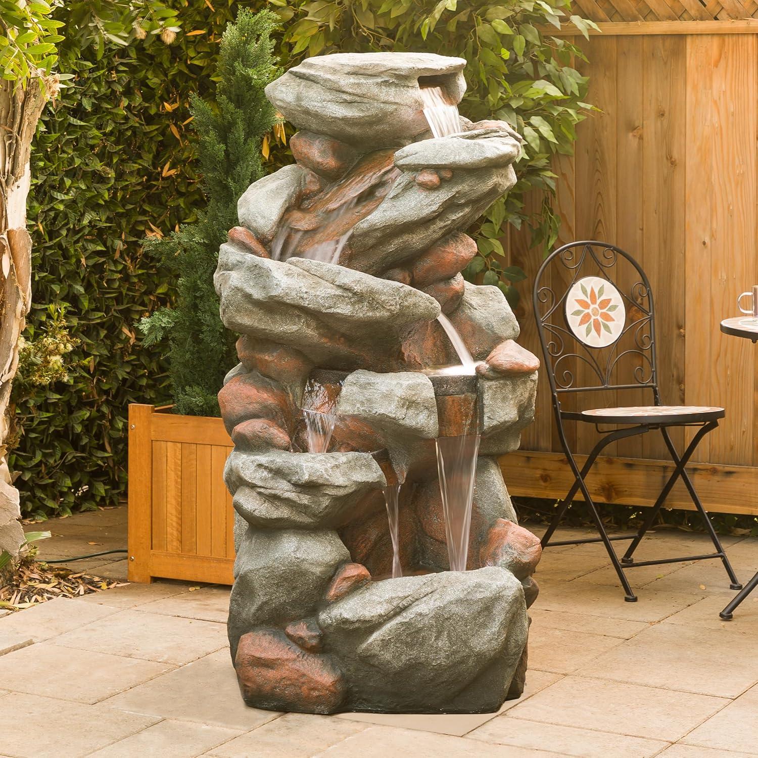 Gray Cascading Stone Outdoor Fountain with LED Lights, 53"