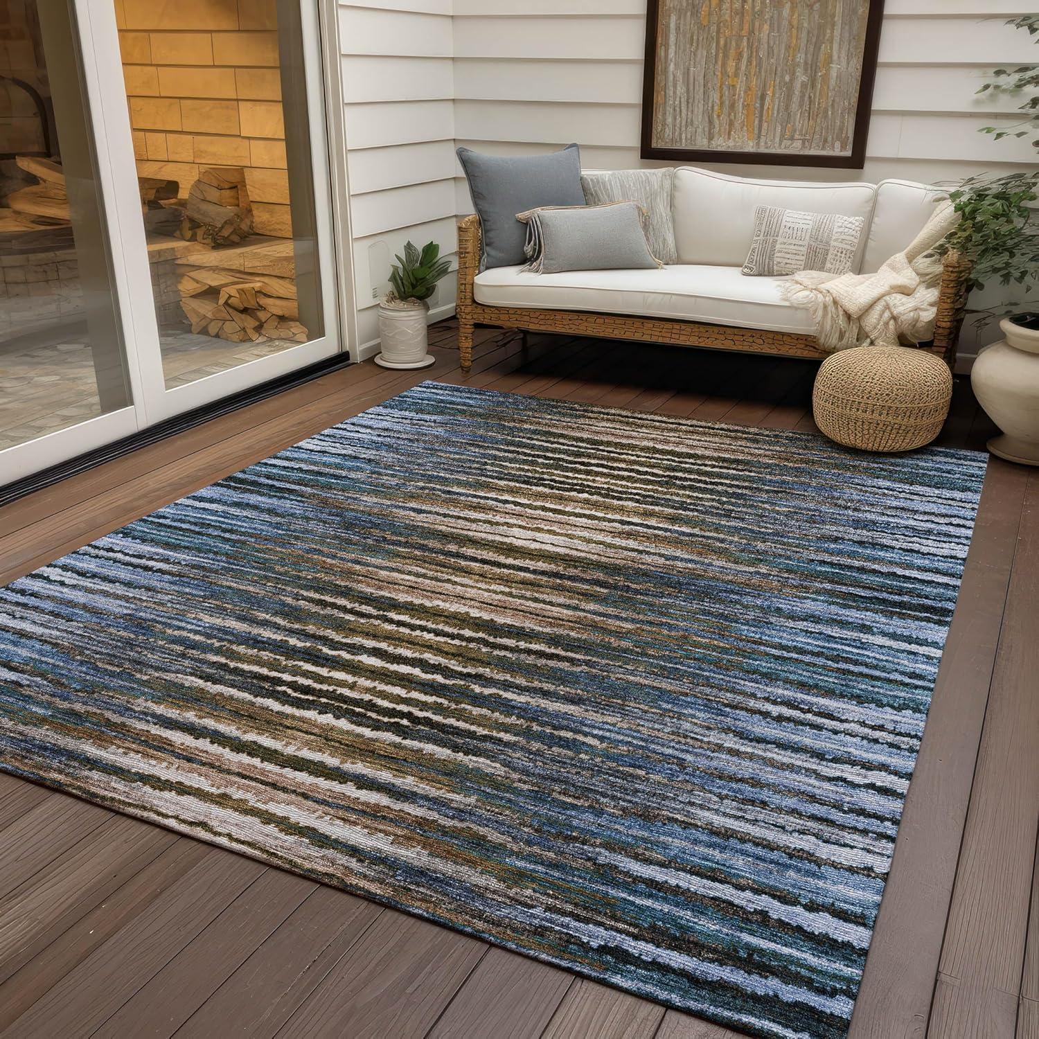 Blue and Beige Striped Synthetic Indoor Outdoor Rug 3' x 5'