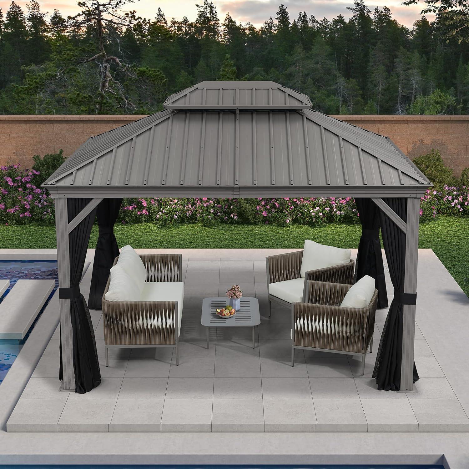 PURPLE LEAF 12' X 16' Hardtop Aluminum Gazebo with Netting and Curtains Heavy Duty Permanent Gazebo with Double Metal Roof for Patio Deck Lawn Garden All Weather Outdoor Pavilion Gazebos, Light Grey