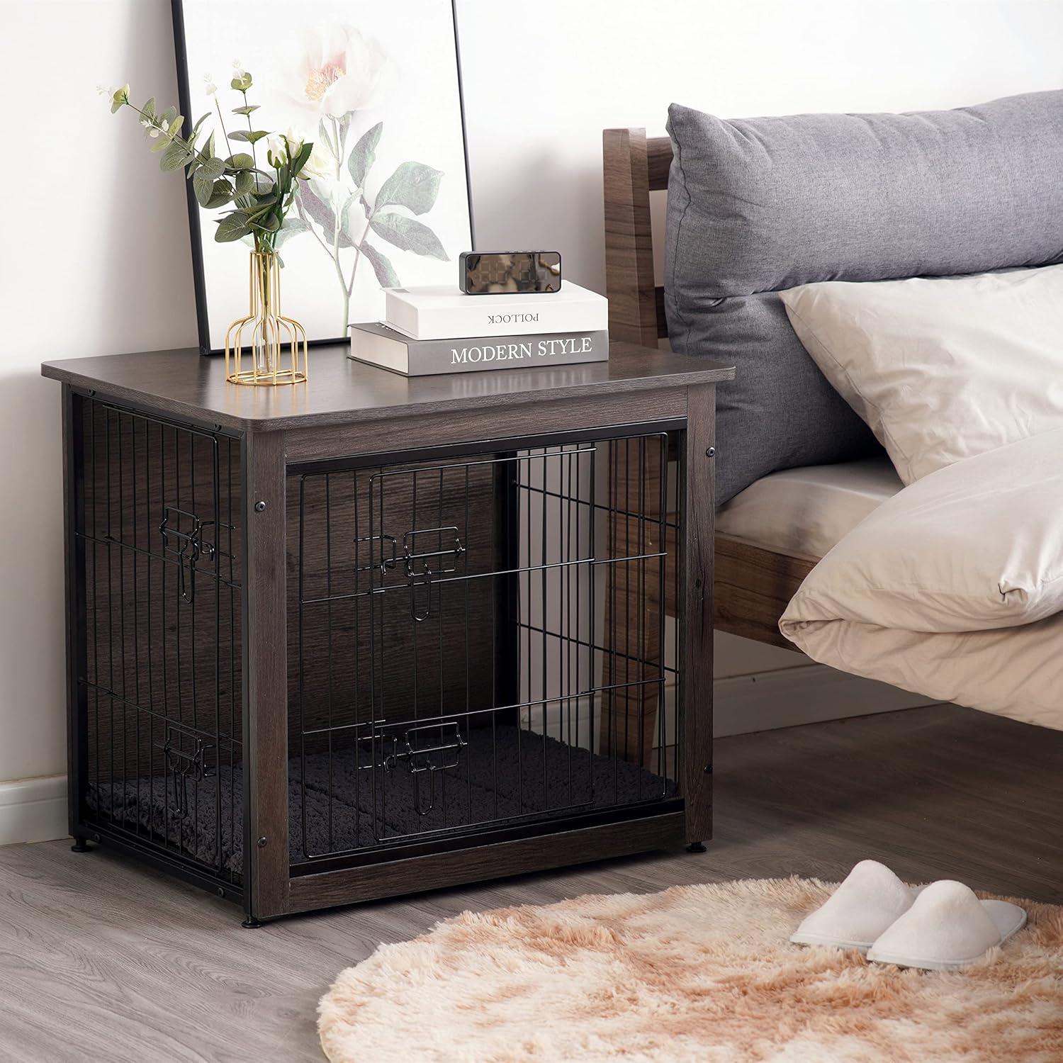 Small Dark Gray Wooden Dog Crate with Cushion