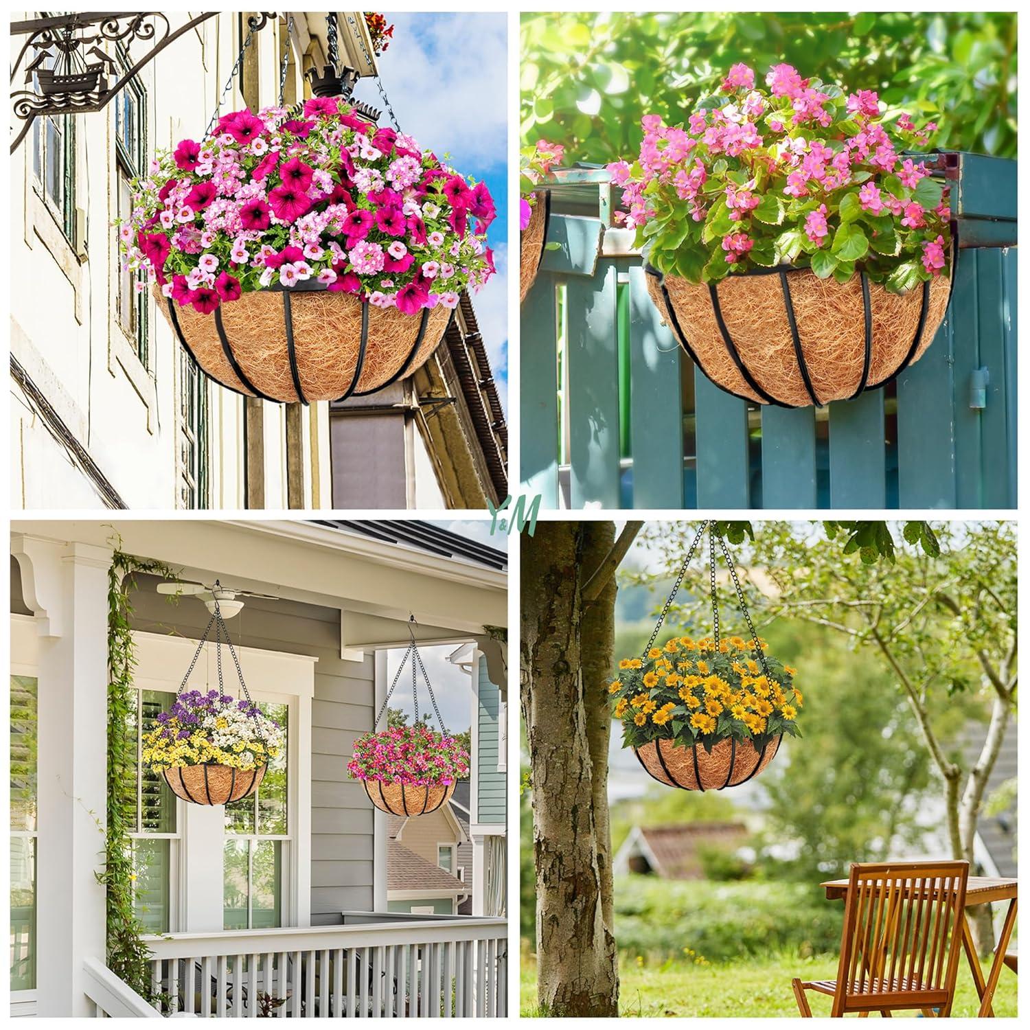 4 PCS Round Flower Pot Coconut Basket,Casewin Hanging Basket Coco Liner Natural Coconut Planter Basket Liner for Hanging Baskets at Indoor Outdoor Garden Porch Balcony (14 Inch)