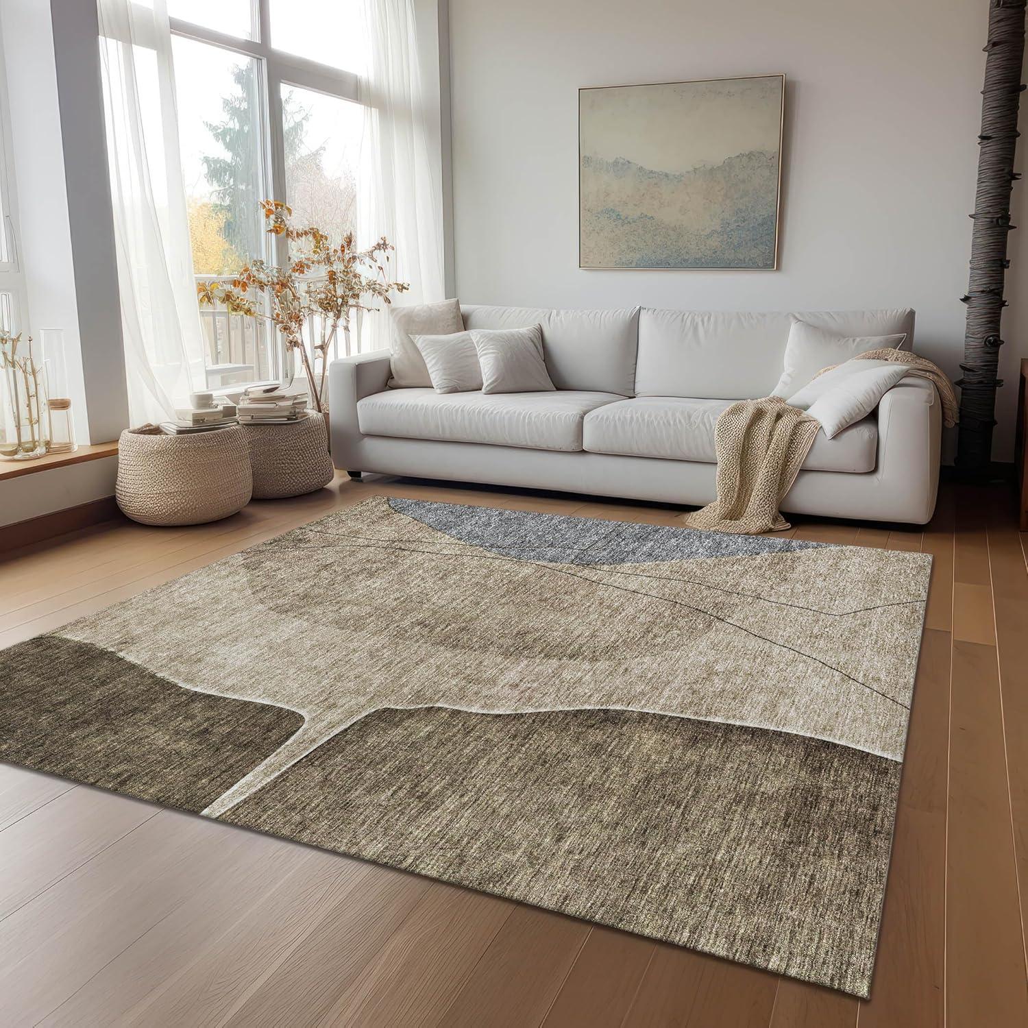 Brown and Gray Synthetic Flat Woven Rectangular Rug 5' x 7'