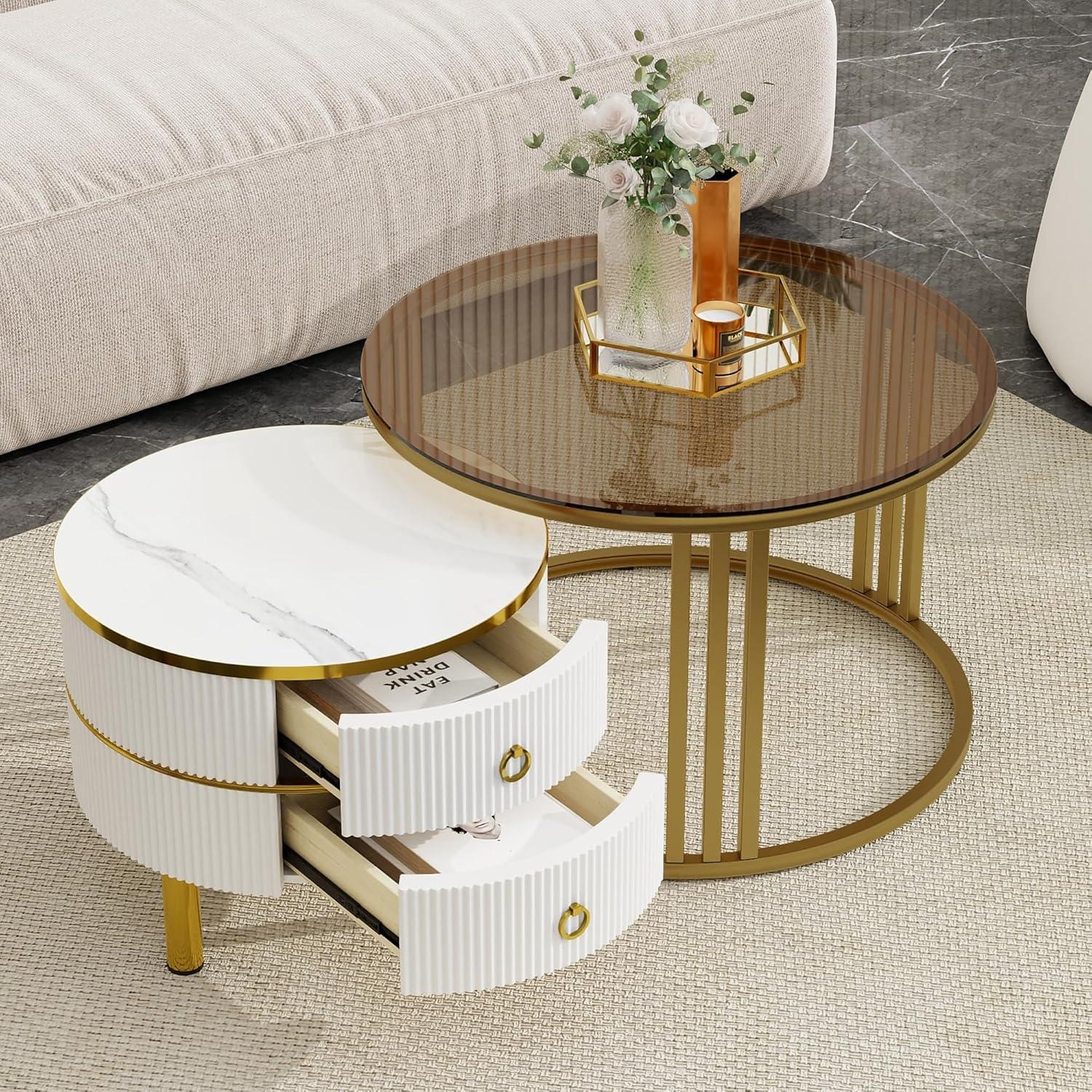 Modern Round Nesting Coffee Table Fluted with Drawer Multiple End Tables Utility Table Telephone Table for Living Room Office Bedroom Balcony, White & Gold
