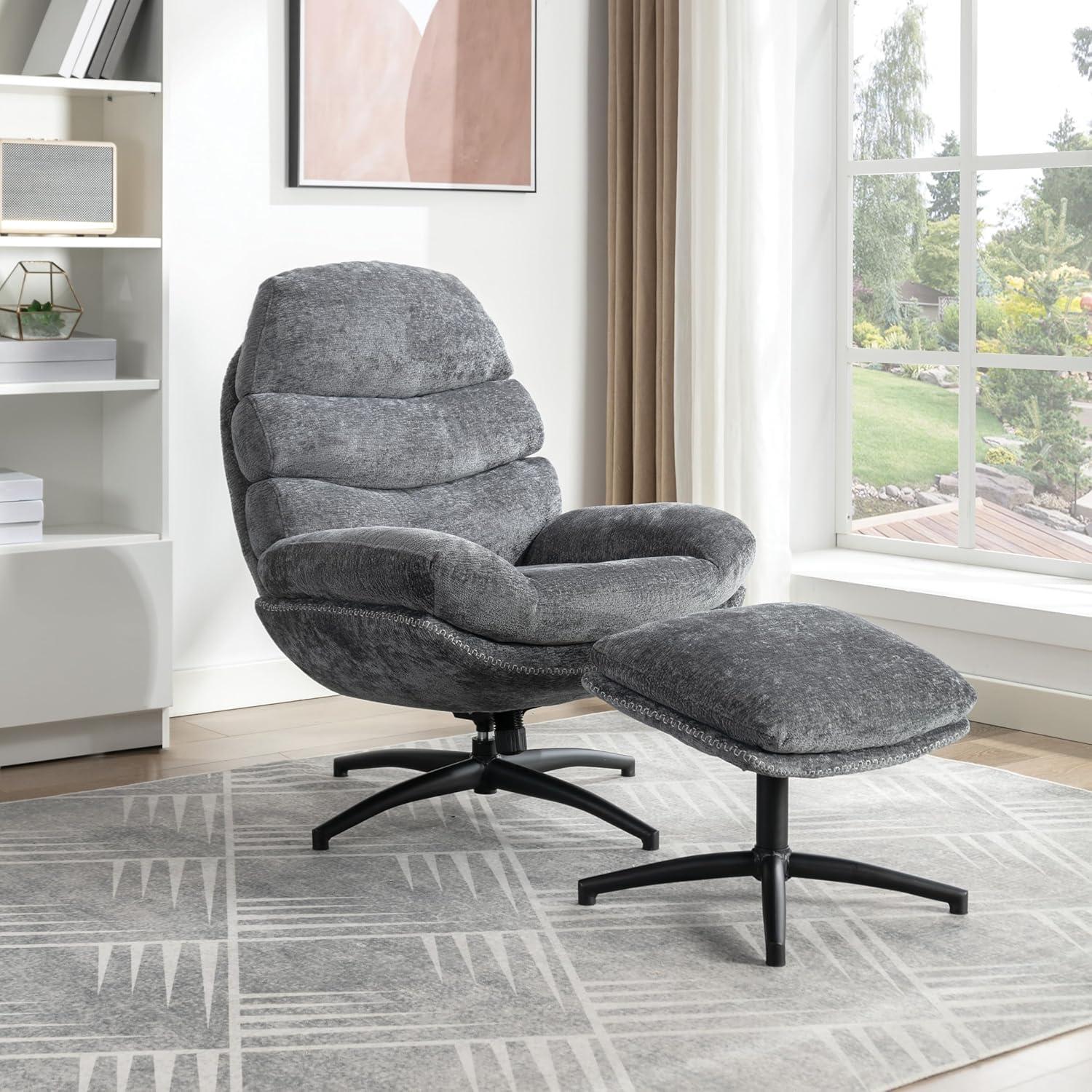 Gray Plush Swivel Reclining Lounge Chair with Footrest