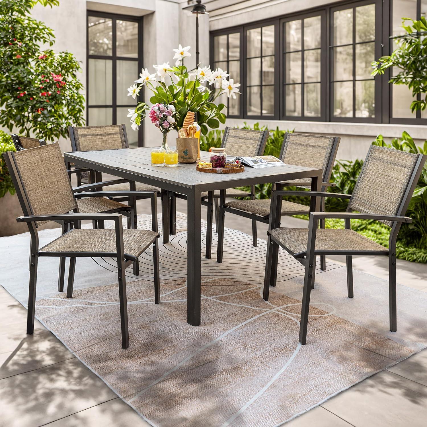 Homall Patio Dining Set 7 Pieces Outdoor Furniture with Large Table and 6 Textilene Chairs for Porch, Brown