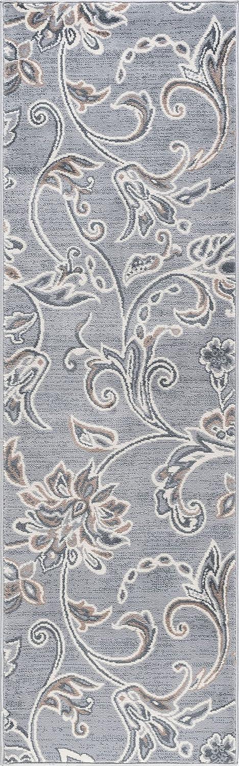 Gray Floral Reversible Synthetic Runner Rug, 2' x 10'