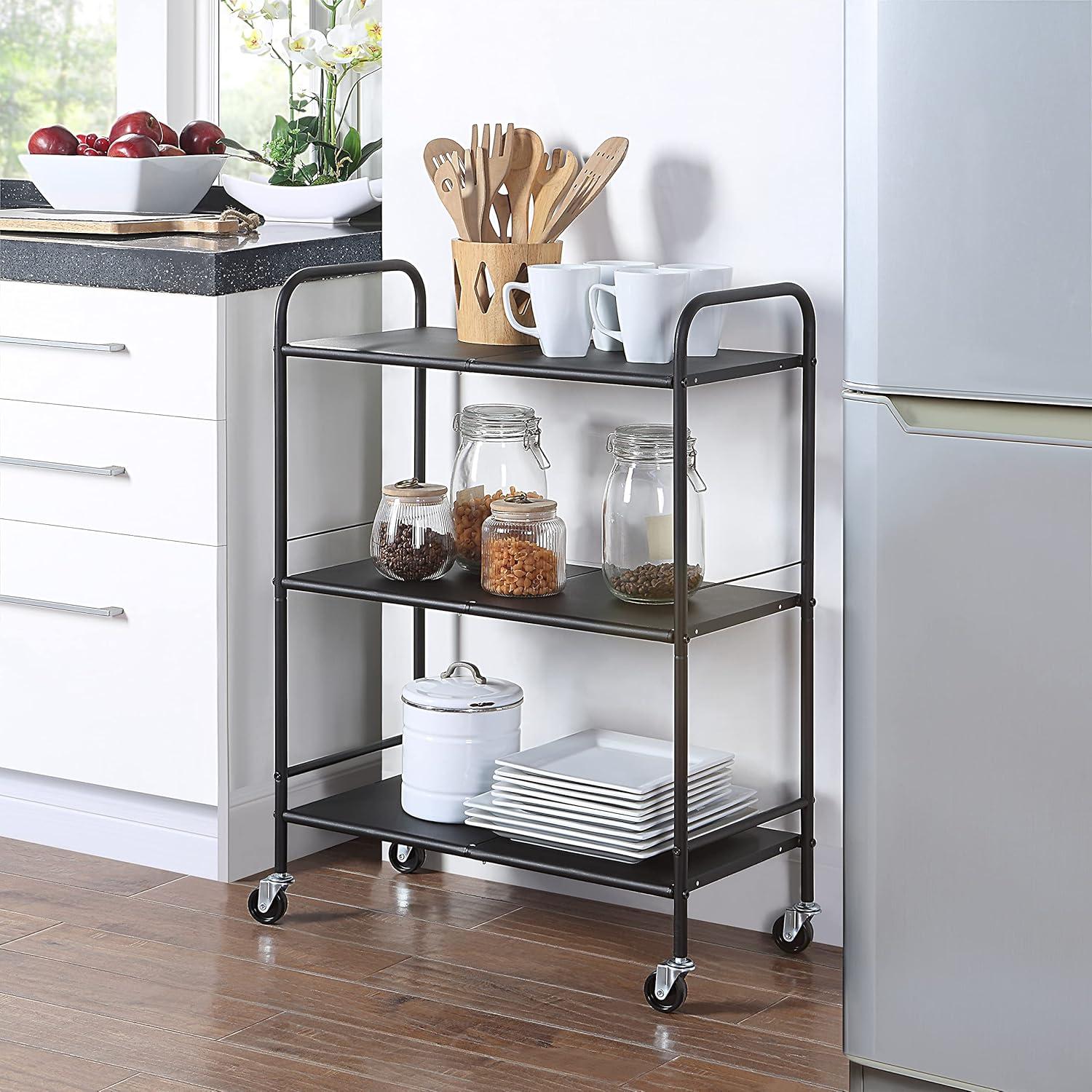 Black Metal Rolling Utility Craft Cart with Three Shelves