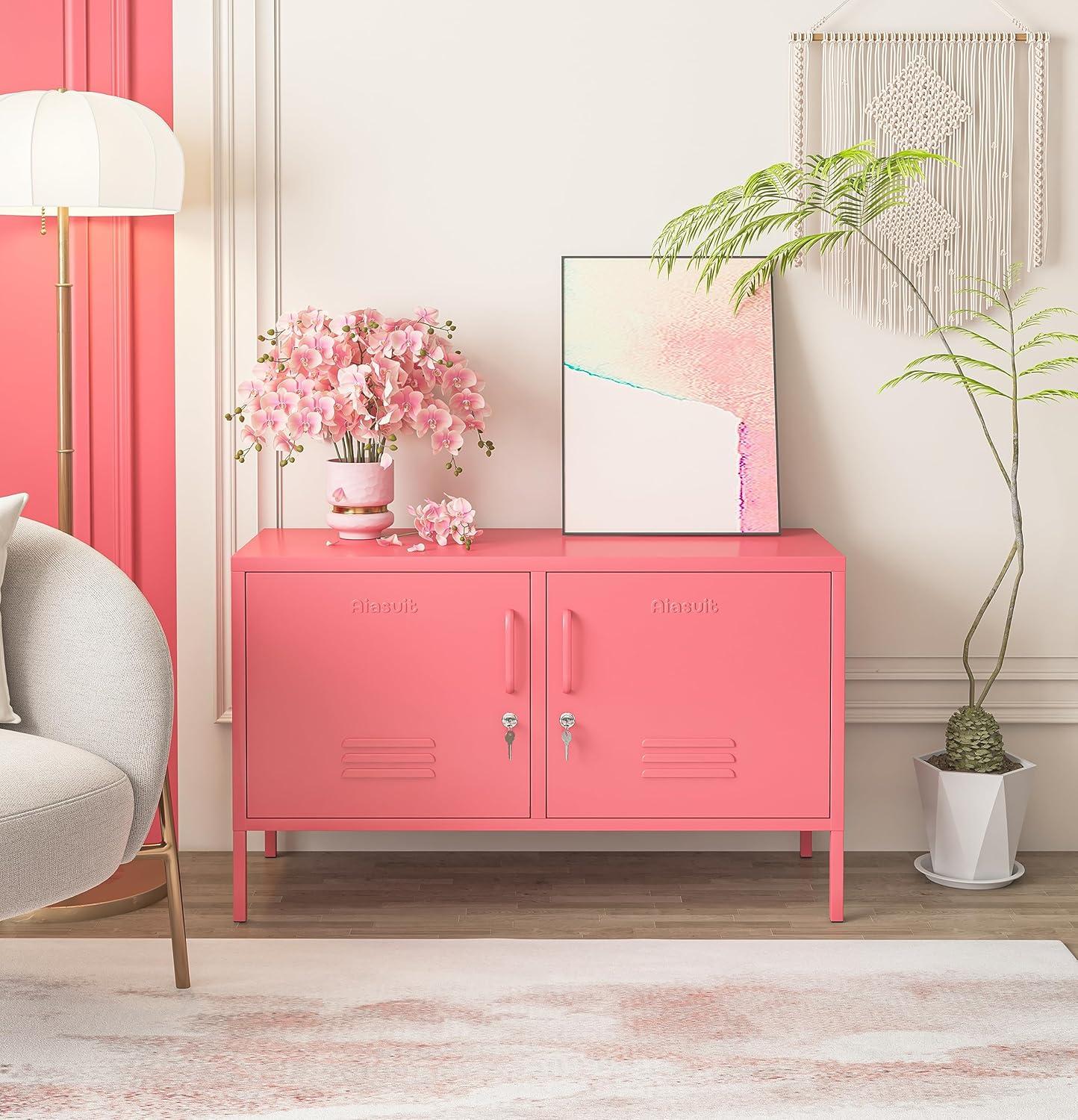 2 Doors Metal Storage Cabinet Multifunction lockers Modern TV Stand Large Space Adjustable Bedroom Locker Red Size: 23.62”H x 39.37”W x 14.96”D