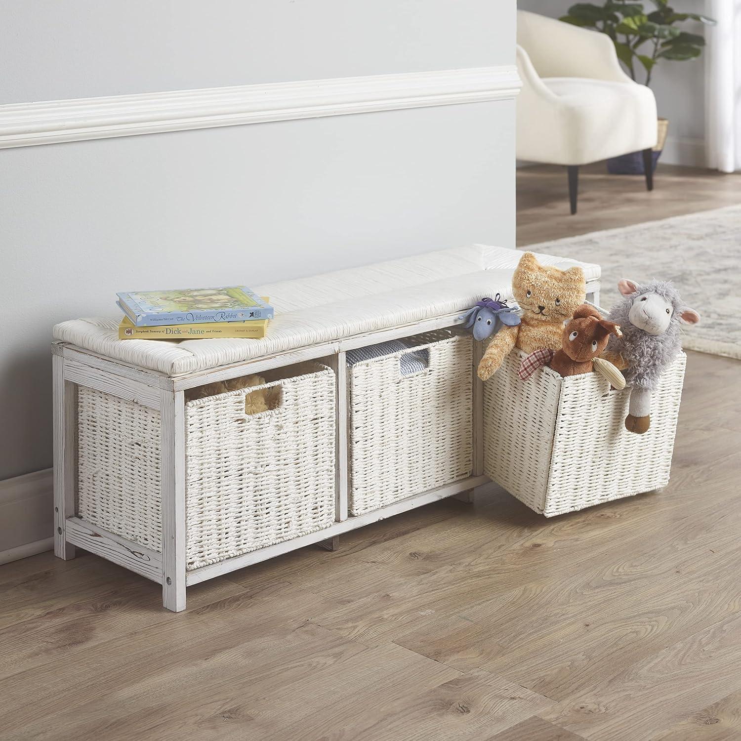 Kid''s Storage Bench With Woven Top And Baskets