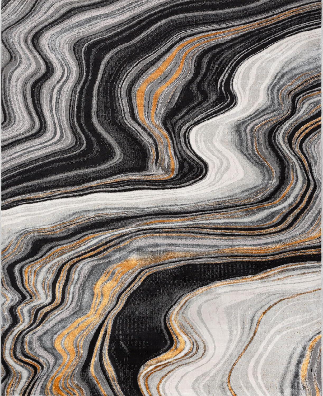 Well Woven Werrick Grey & Gold Striated Marble Pattern Rug 8x10 (7'10" x 9'10")