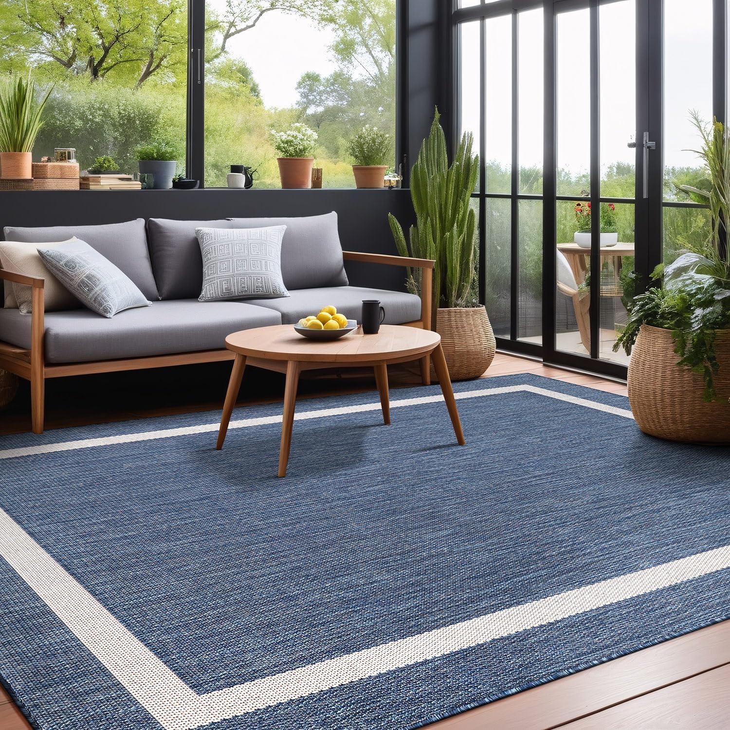 Unique Loom 6' 1 x 9' 0 Rectangle Indoor/Outdoor Border Blue Area Rug