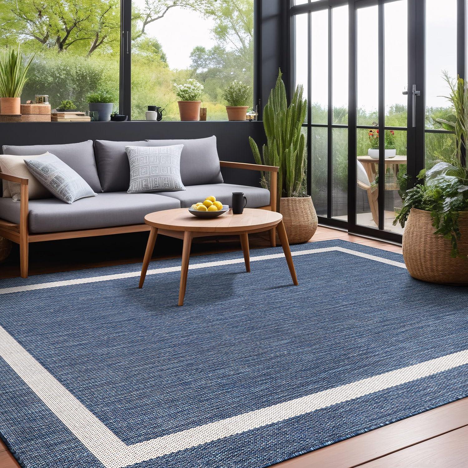 Unique Loom 6' 1 x 9' 0 Rectangle Indoor/Outdoor Border Blue Area Rug