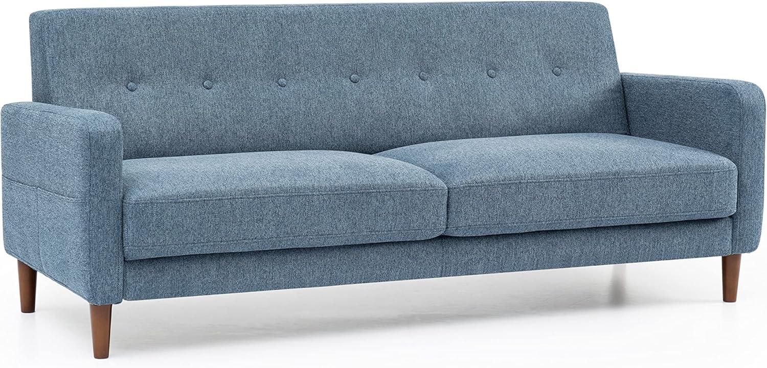 Mellow Adair Mid-Century Modern Sofa Couch with Armrest Pockets, Tufted Linen Fabric, Heather Blue