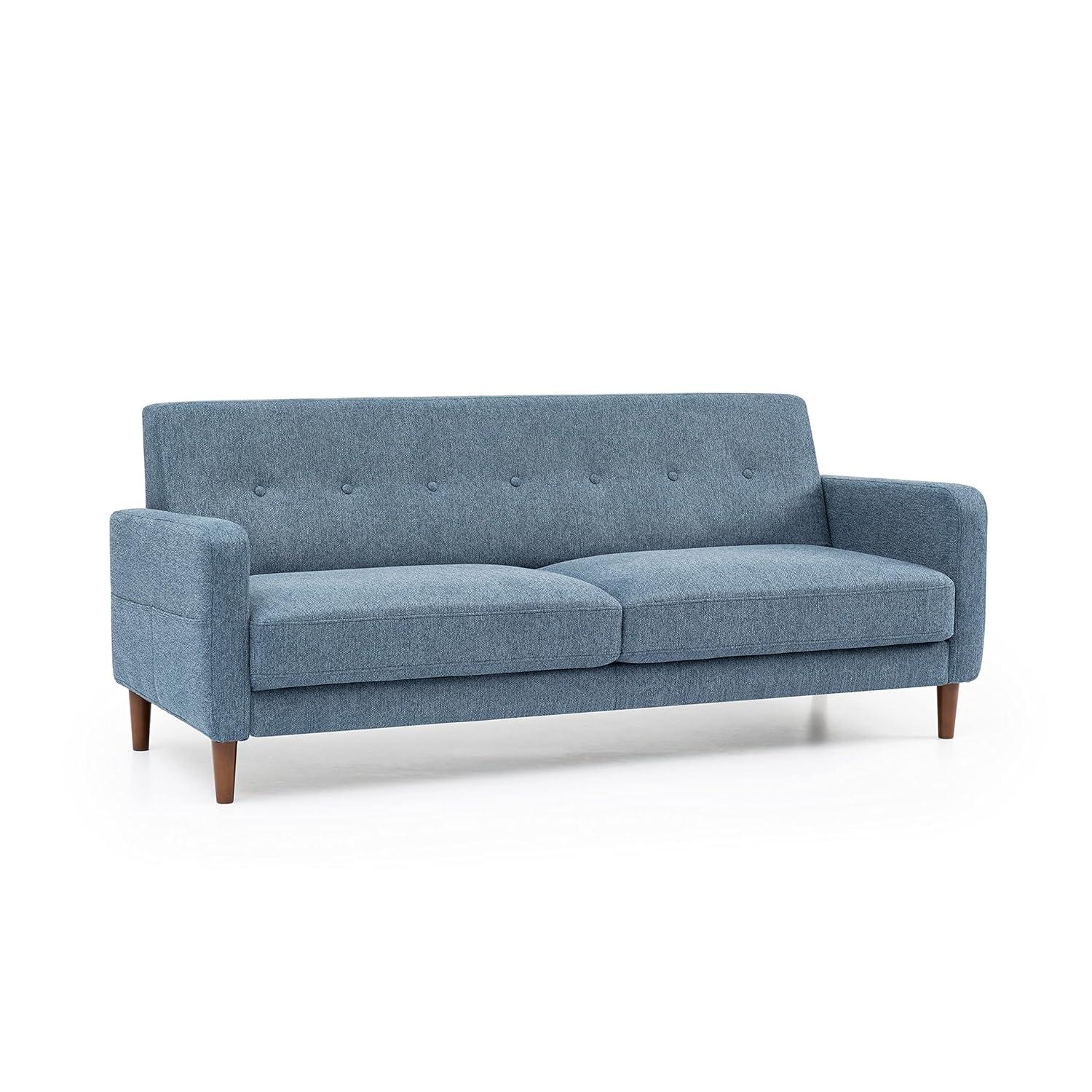Mellow Adair Mid-Century Modern Sofa Couch with Armrest Pockets, Tufted Linen Fabric, Heather Blue