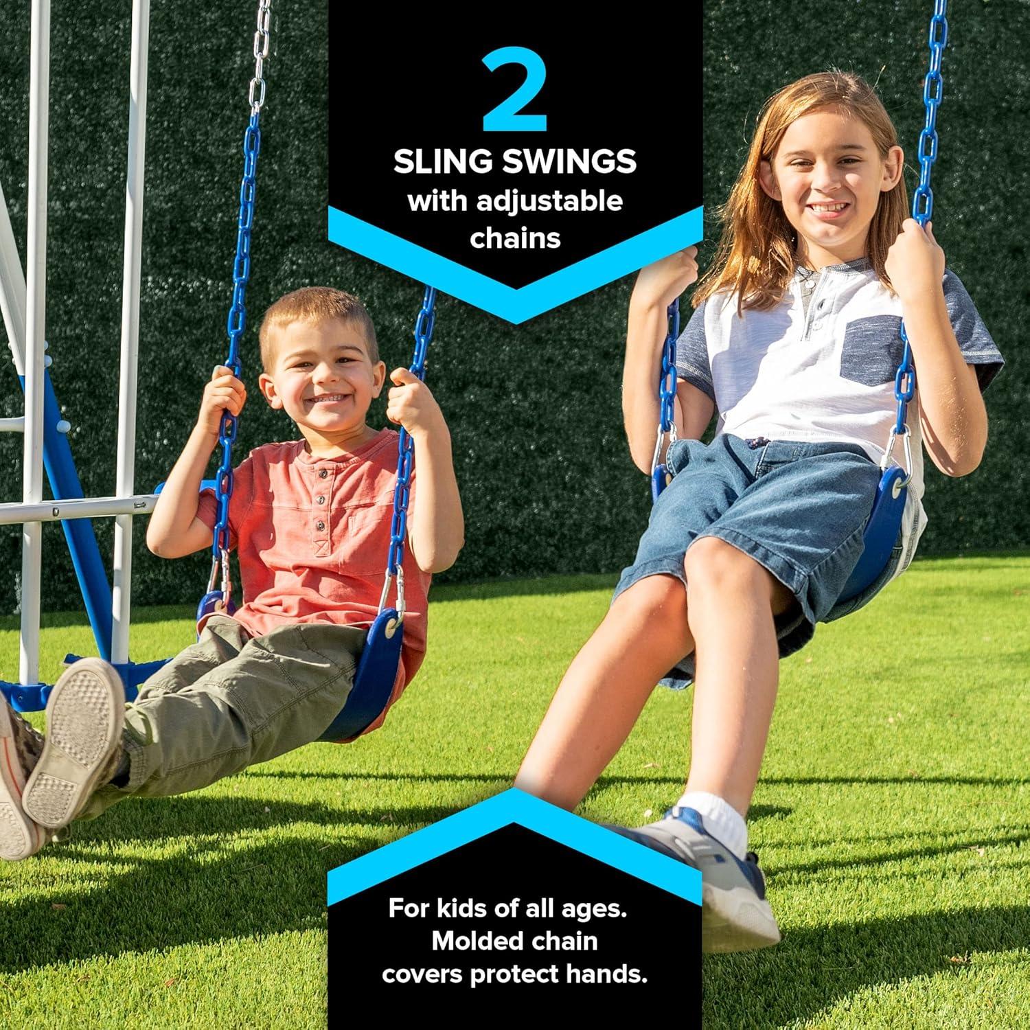 Sportspower Albany Metal Swing Set with 2 Person Glider Swing, 2 Adjustable Sling Swing Seats, 5' Double Wall Slide with Lifetime Warranty, & Bonus Anchor Kit, Great for Kids 3-8