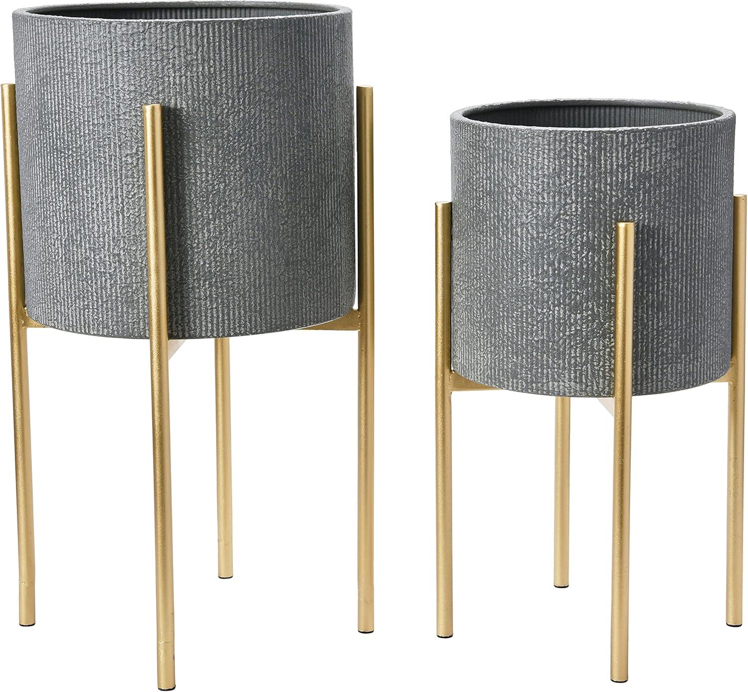 Charcoal Grey and Gold Embossed Metal Planters with Stands, Set of 2