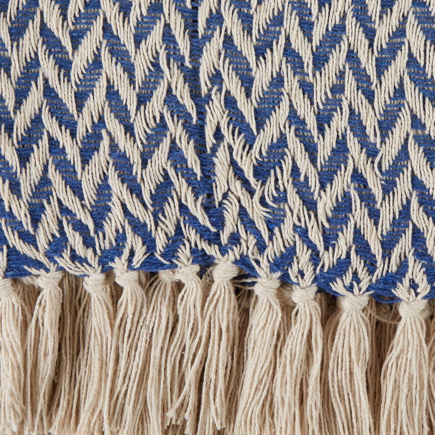 50"x60" Zig-Zag Throw Blanket French Blue - Design Imports: Woven Cotton, Hand-Knotted Fringe