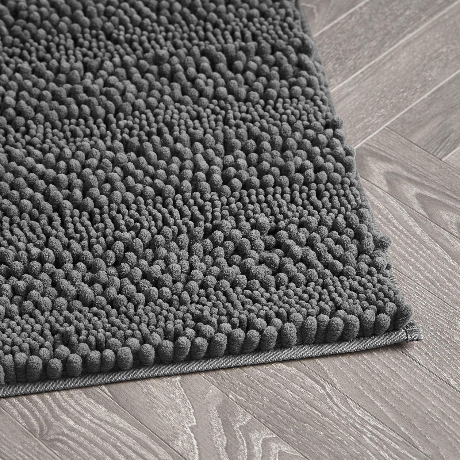 Dark Gray Chenille Non-Slip Bath Mat with Rubber Backing