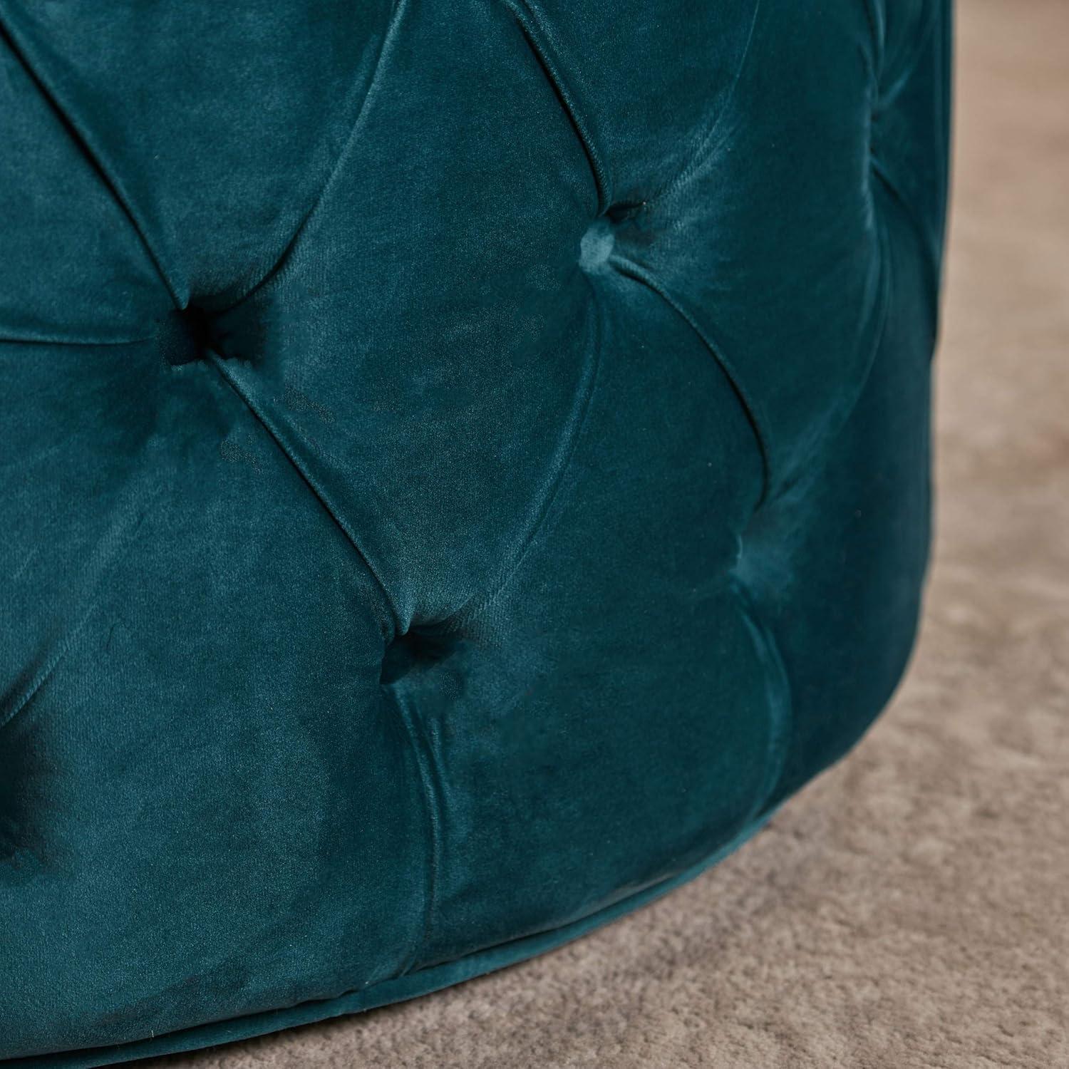 Contemporary Birch and Velvet Round Tufted Ottoman in Teal