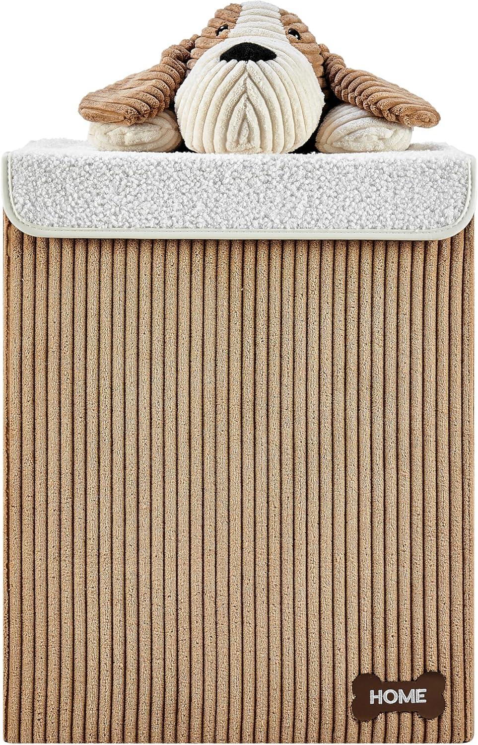 Danya B. Collapsible Folding Corduroy Kids' Laundry Hamper Toy Storage Brown with Dog Lid