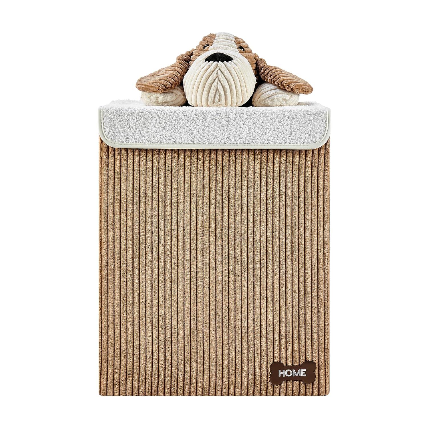 Danya B. Collapsible Folding Corduroy Kids' Laundry Hamper Toy Storage Brown with Dog Lid