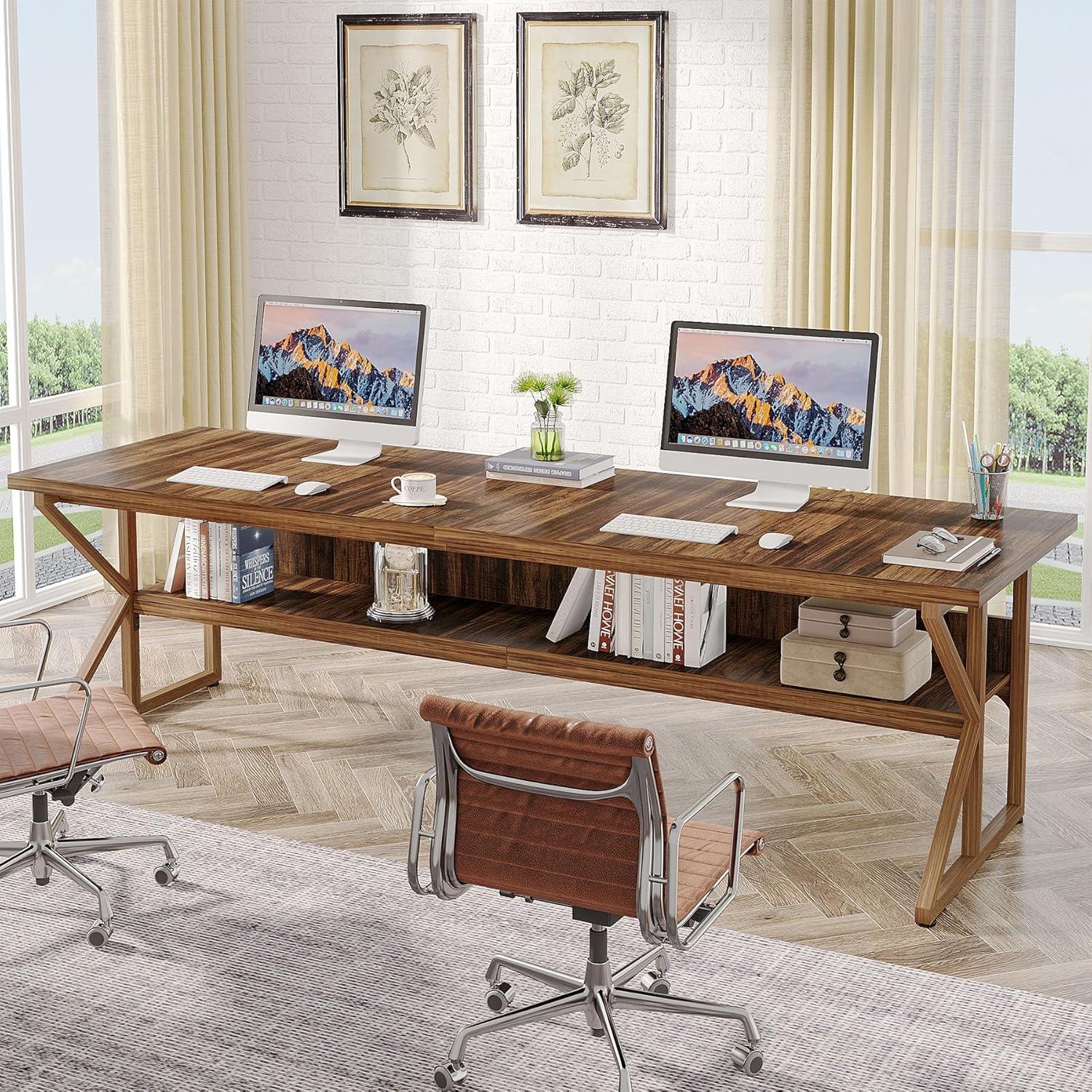 Brown Wood 79-Inch Double Desk with Storage Shelf