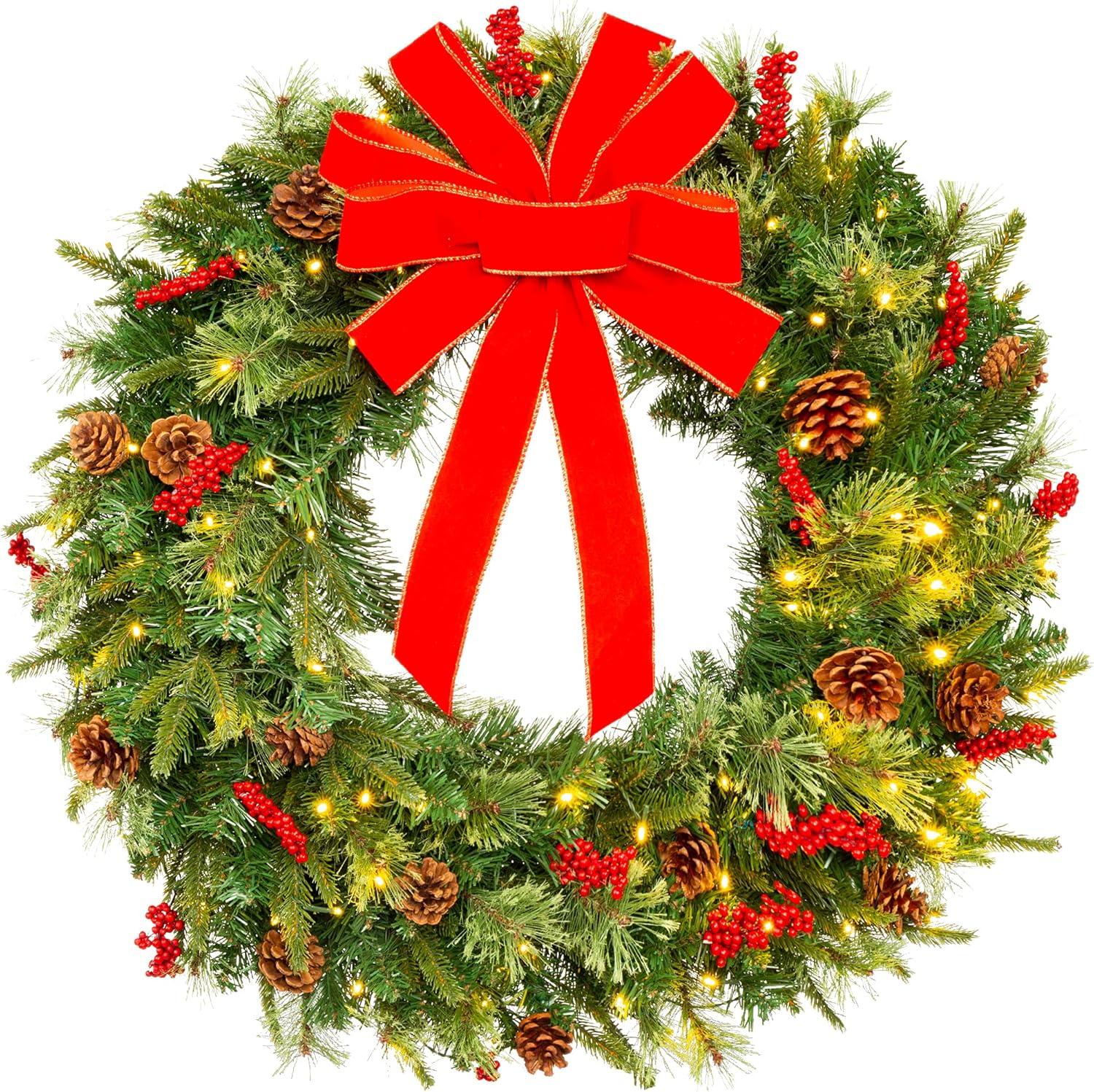 30" Green Pre-Lit Christmas Wreath with Red Ribbon and Pinecones