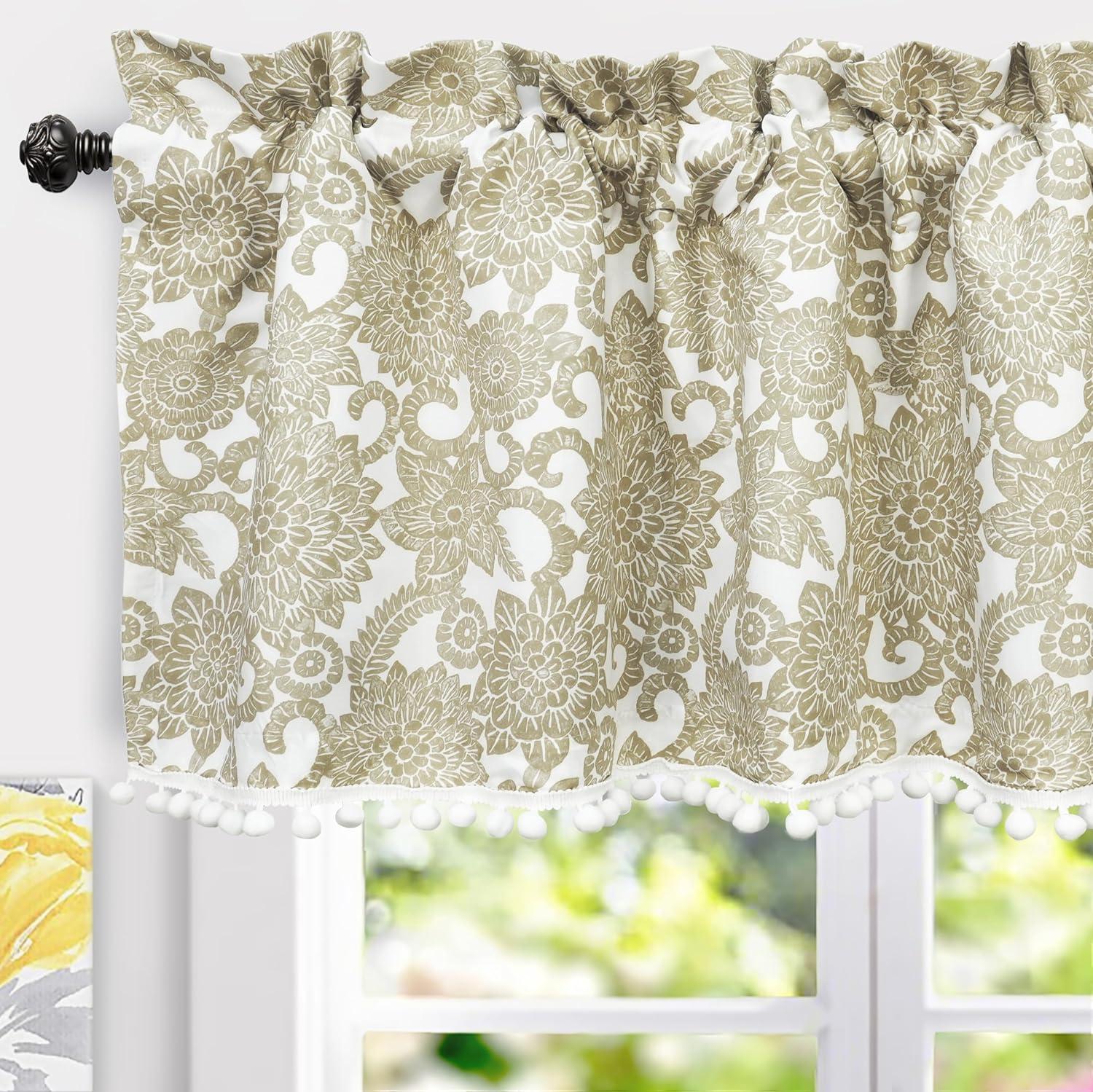 DriftAway Daisy Dahlia Blooming Flower/Floral Lined Thermal Insulated Energy Saving Window Curtain Valance for Living Room/Bedroom/Kitchen, 2 Layers, Rod Pocket, 52"x18"+2’’Header (Navy)