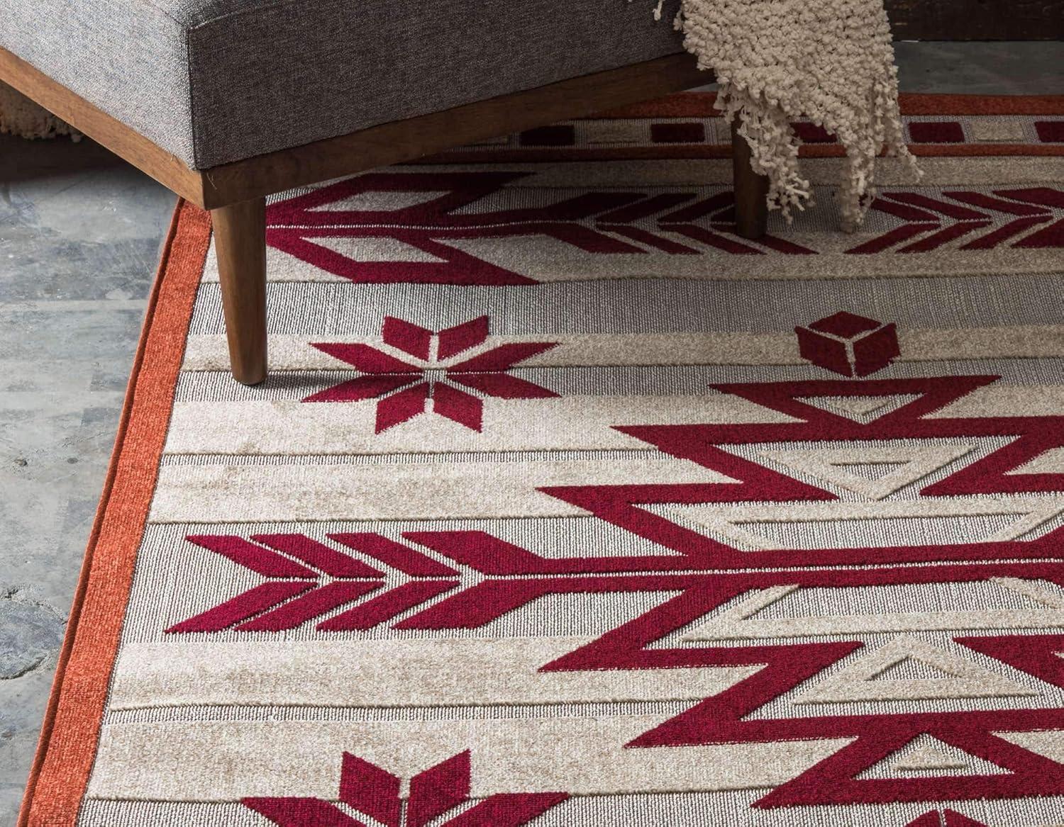 Burgundy and Beige Geometric Outdoor Rectangular Rug