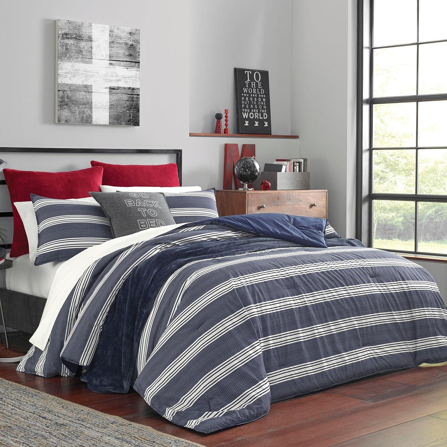 Navy Blue and White Striped Cotton Twin Duvet Cover Set