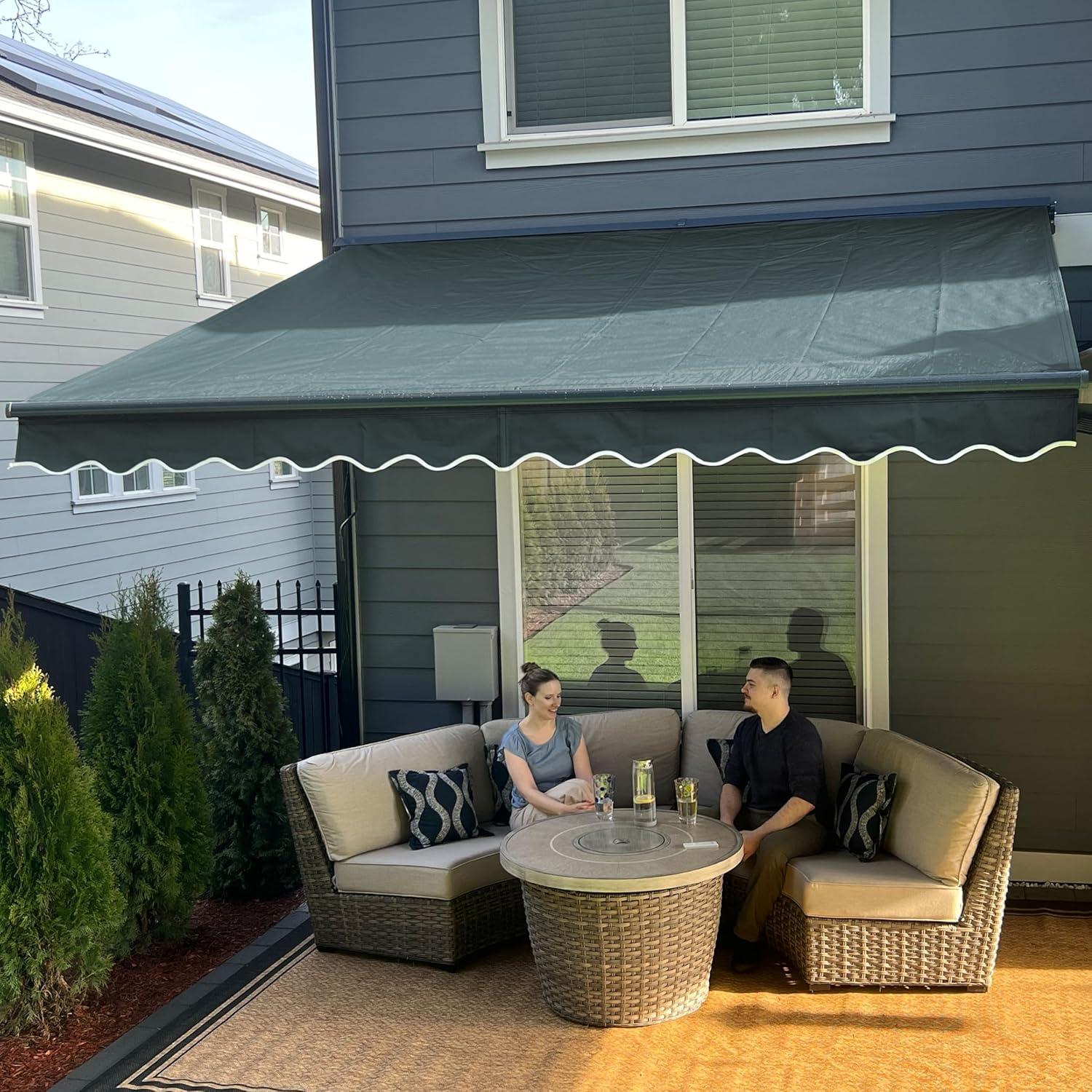 Forest Green Motorized Retractable Patio Awning with LED Lights