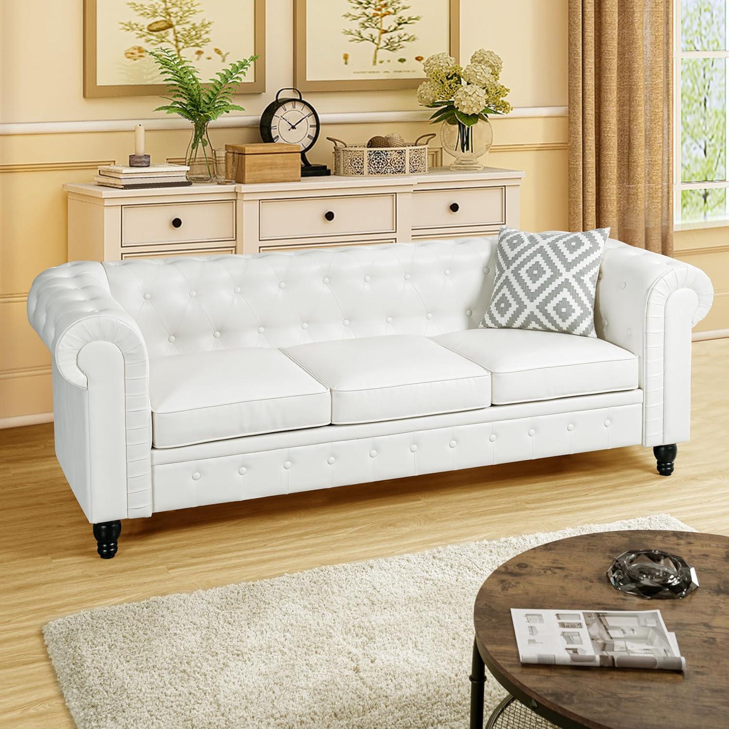 Emery Off-White Tufted Chesterfield 3-Piece Sofa Set with Rolled Arms