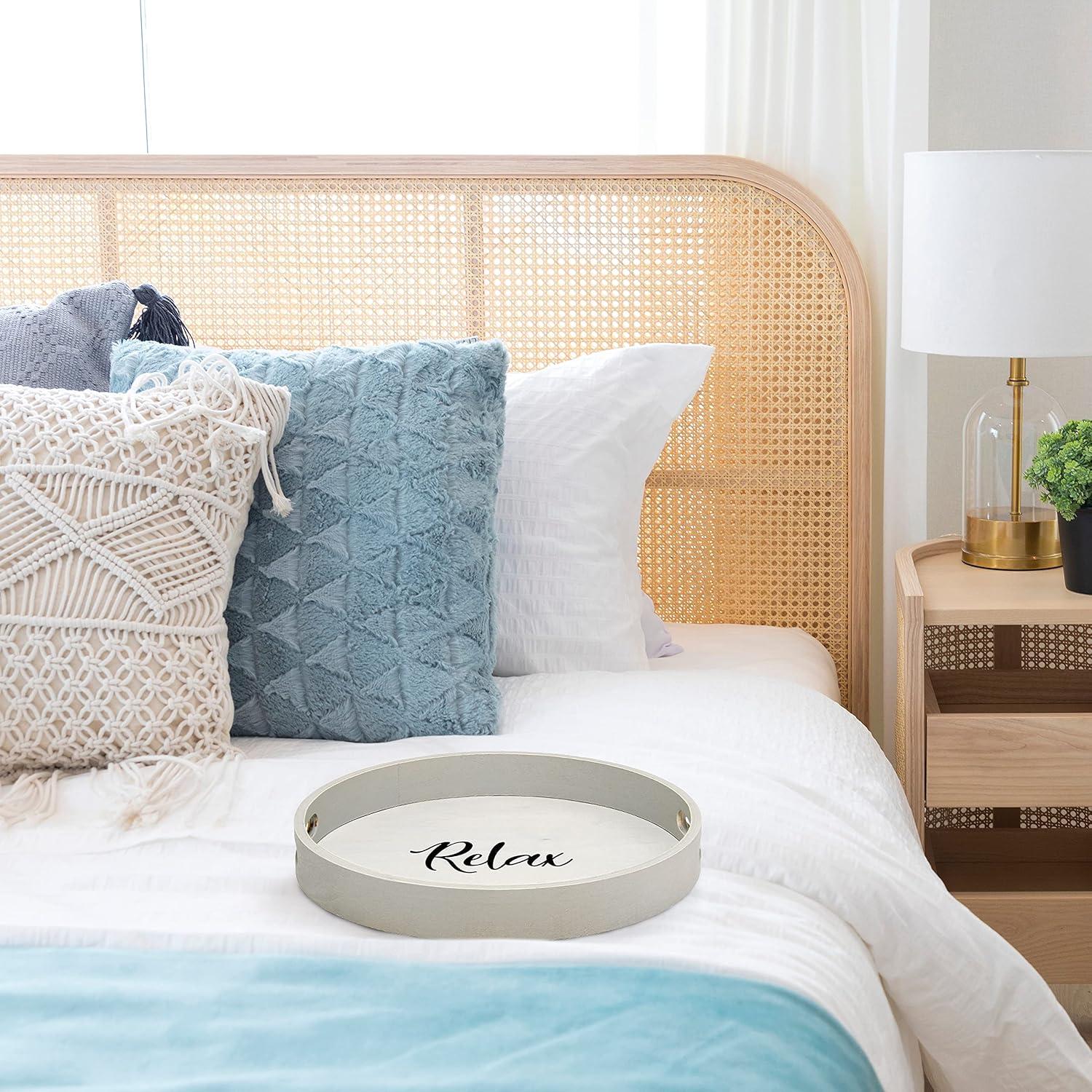 Elegant Designs Decorative 13.75" Round Wood Serving Tray w/ Handles, "Relax"