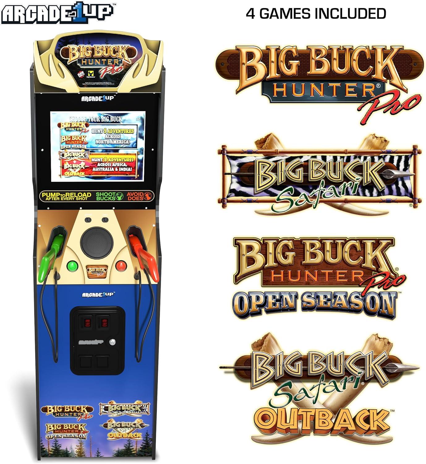 Arcade1Up Máquina Arcade Big Hunter Pro Deluxe, Gabinete Vertical de 5 Pies, 4 Juegos, Pantalla de 17 Pulgadas, Rifle de Acción con 2 Bombas Ligeras Incluido
