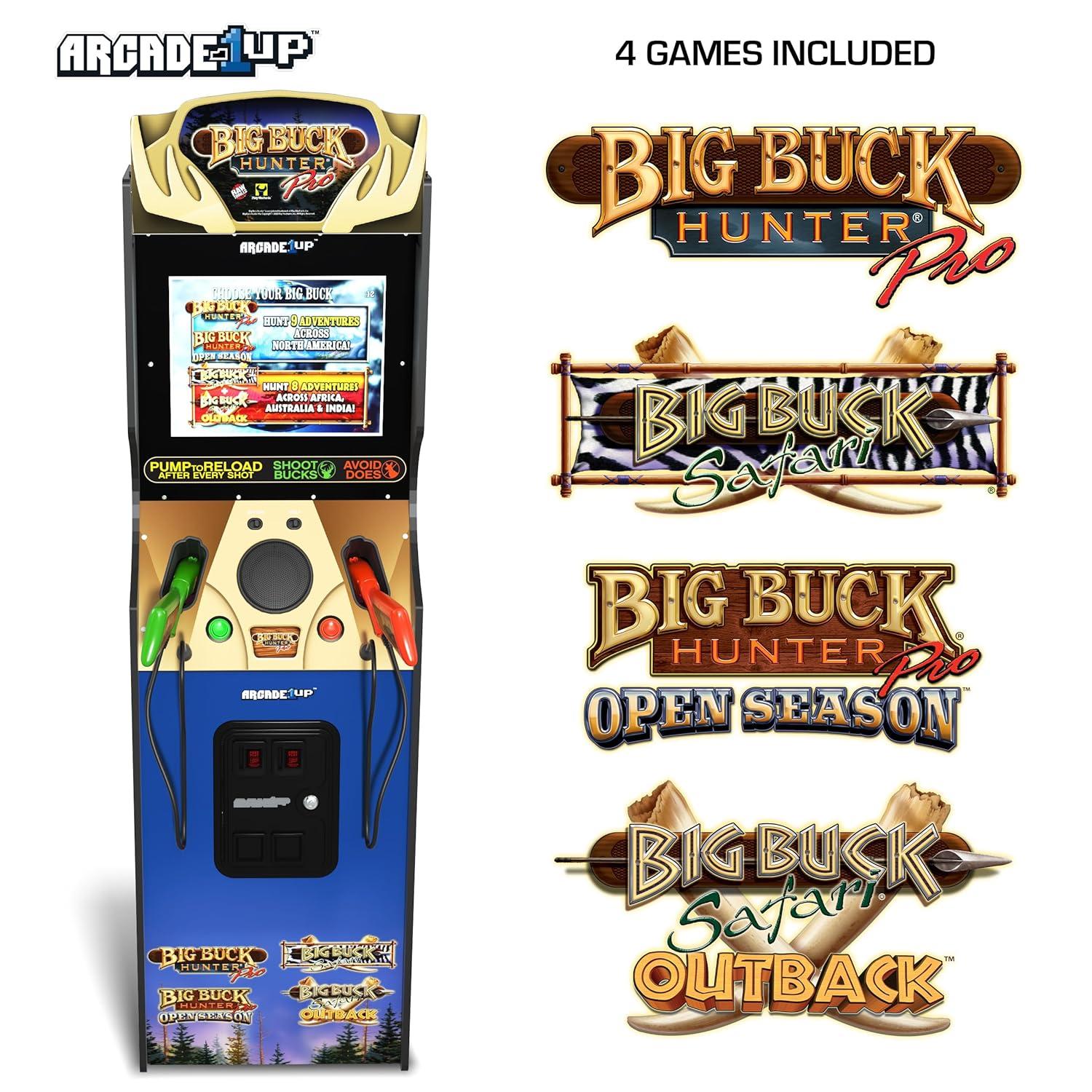Arcade1Up Máquina Arcade Big Hunter Pro Deluxe, Gabinete Vertical de 5 Pies, 4 Juegos, Pantalla de 17 Pulgadas, Rifle de Acción con 2 Bombas Ligeras Incluido