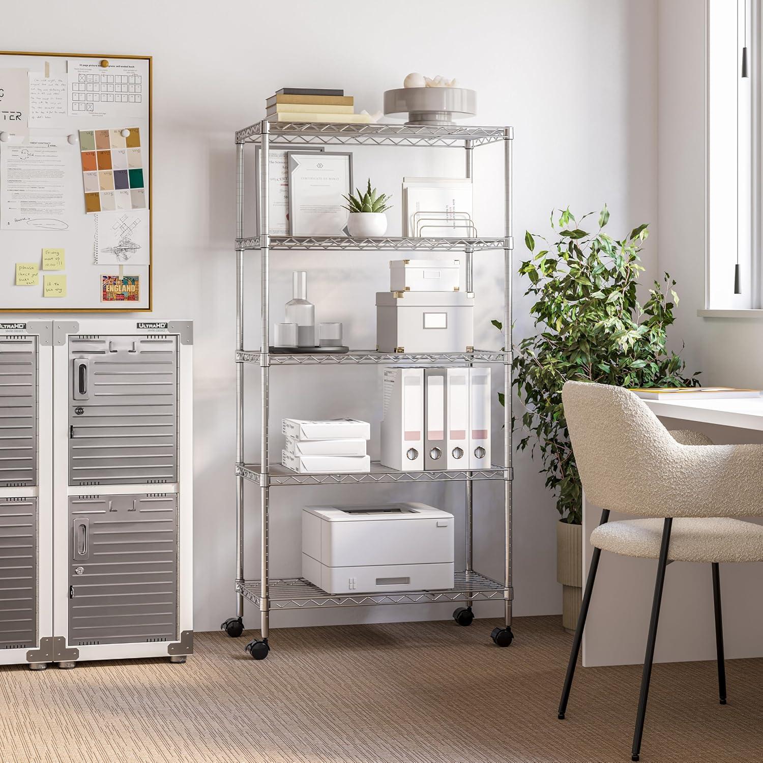 Seville Classics 5-Tier Steel Wire Shelving with Wheels, 30" W x 14" D x 60" H, Chrome Plated