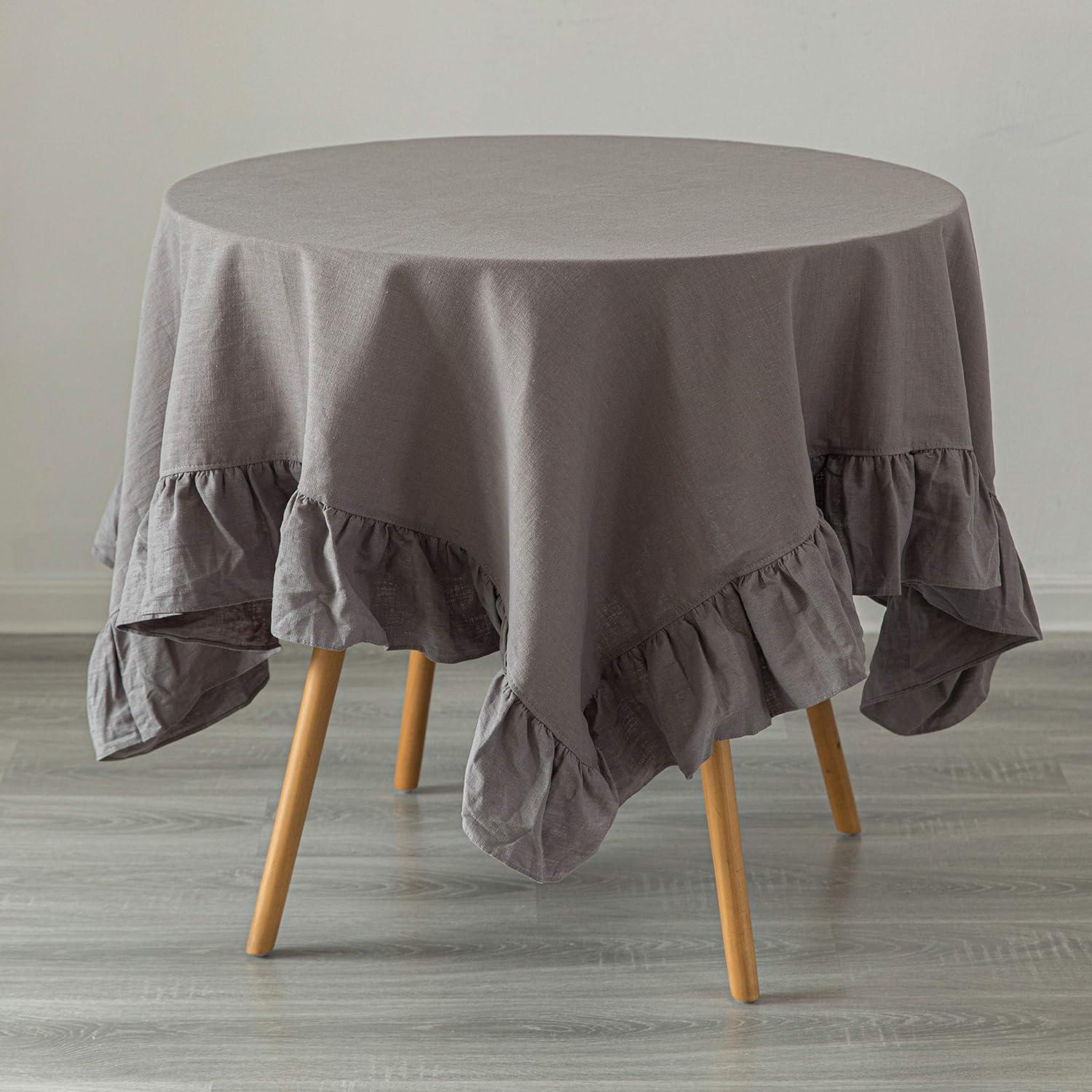 Deerlux 100% Pure Linen Washable Tablecloth with Ruffle Trim