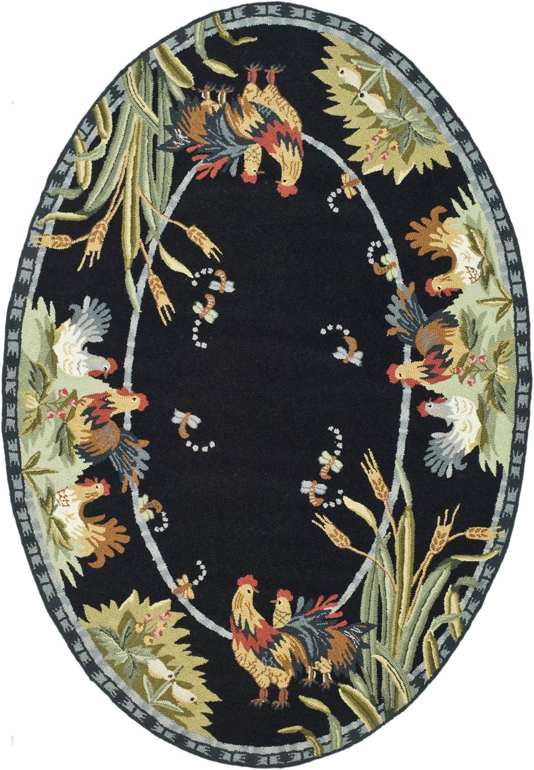 Handmade Black Floral Wool Oval Area Rug 5' x 7'