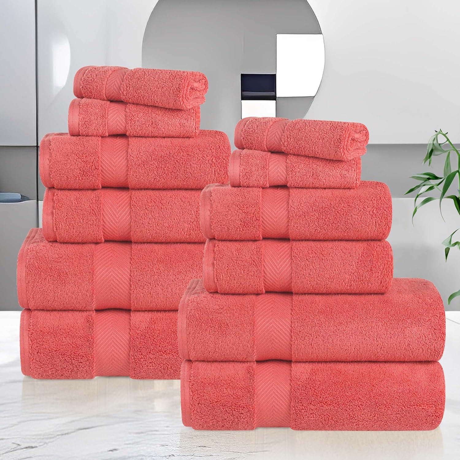 Superior Zero Twist Cotton 12 Piece Assorted Towel Set, Coral